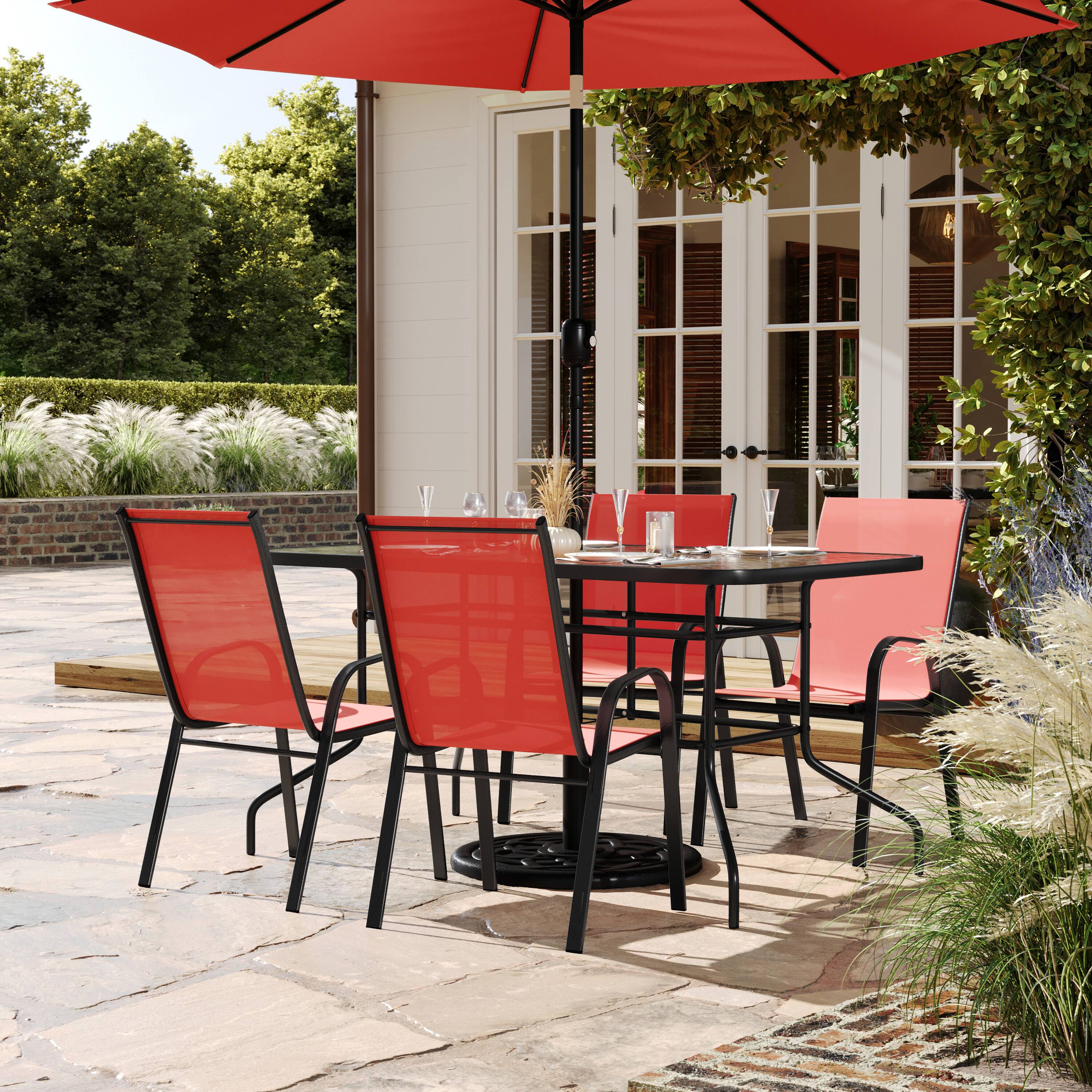 Alt View 1. Flash Furniture - Brazos 5 Piece Outdoor Patio Dining Set - 55" Tempered Glass Patio Table with Umbrella Hole, 4 Red Flex Comfort Stack Ch - Red.