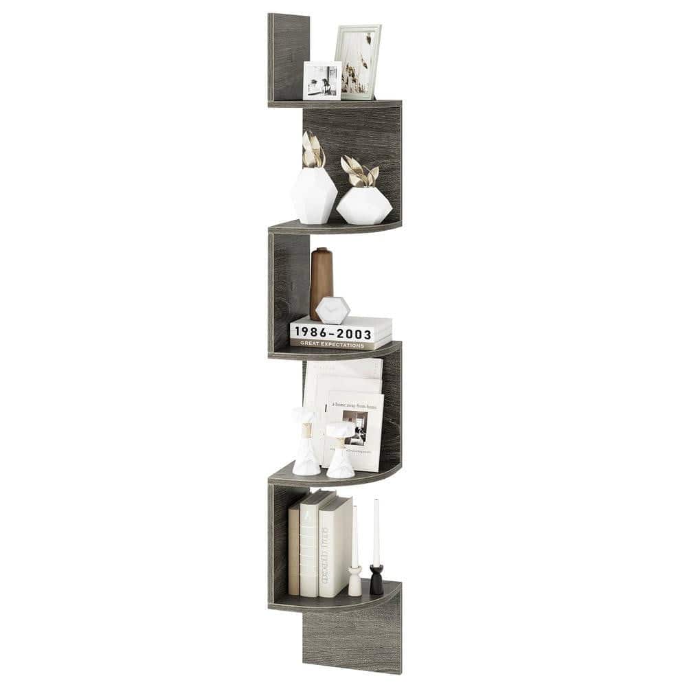 Kadyn - 5-Tier Corner Shelf - Wall-Mounted Floating Bookshelf, Storage Organizer, French Oak - Brown