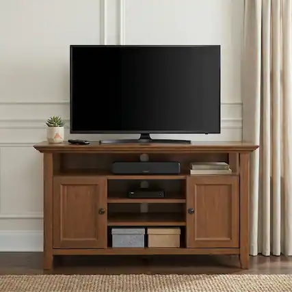 Front. Simpli Home - Amherst 54W TV Stand with Drawers, Doors and Open Top Shelf - Medium Saddle Brown.