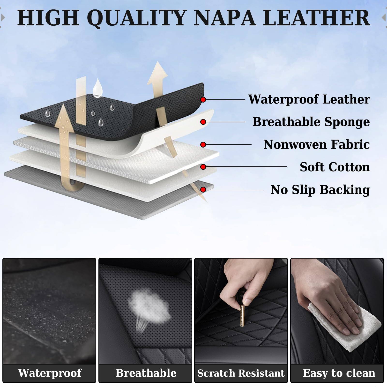 HIGH QUALITY NAPA LEATHER

- Waterproof Leather
- Breathable Sponge
- Nonwoven Fabric
- Soft Cotton
- No Slip Backing

Waterproof  
Breathable  
Scratch Resistant  
Easy to clean