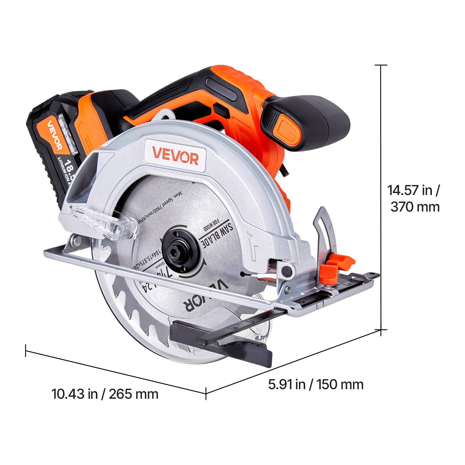 VEVOR 18" C VEVOR Mx Speed 7900/min (RM FOR OOOM SAW BLADE 184x15.875x24 wITE L 24 OR 1 14.57 in / 370 mm 10.43 in 265 mm 5.91 in 150 mm