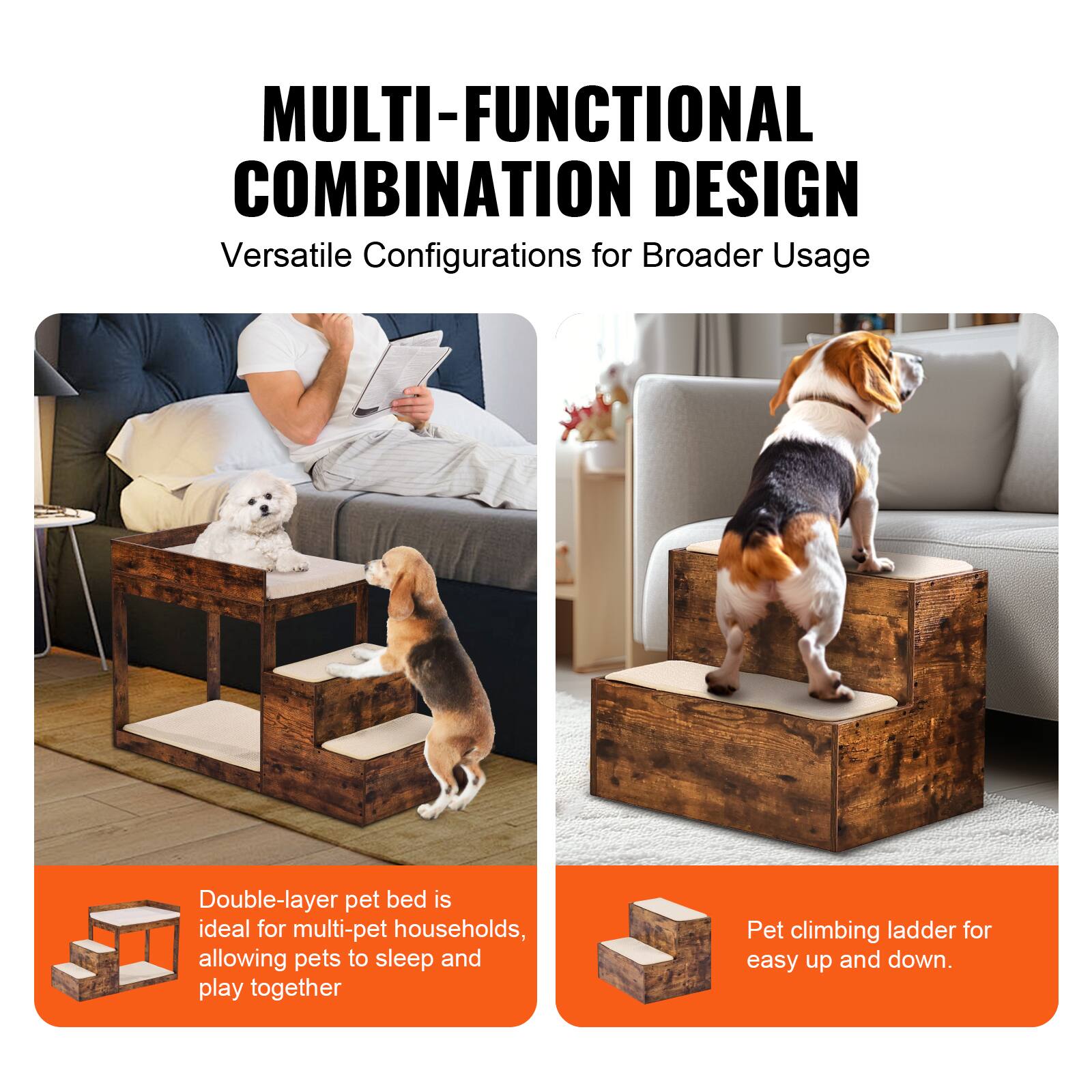 MULTI-FUNCTIONAL COMBINATION DESIGN  
Versatile Configurations for Broader Usage  

Double-layer pet bed is ideal for multi-pet households, allowing pets to sleep and play together  

Pet climbing ladder for easy up and down.