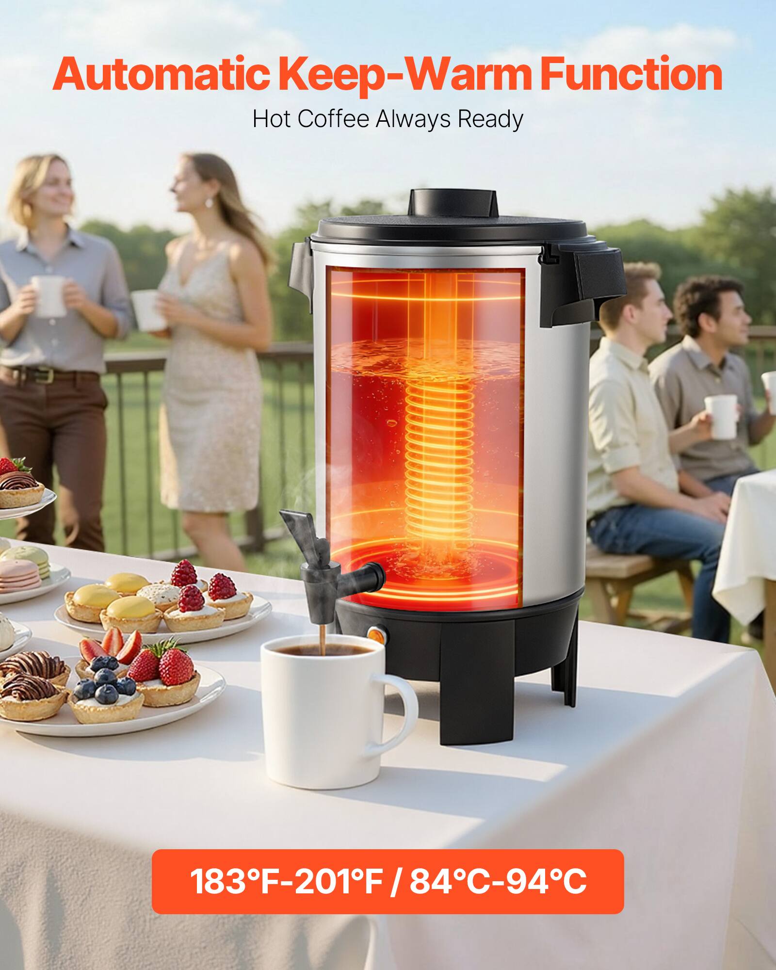 Automatic Keep-Warm Function  
Hot Coffee Always Ready  

183°F-201°F / 84°C-94°C