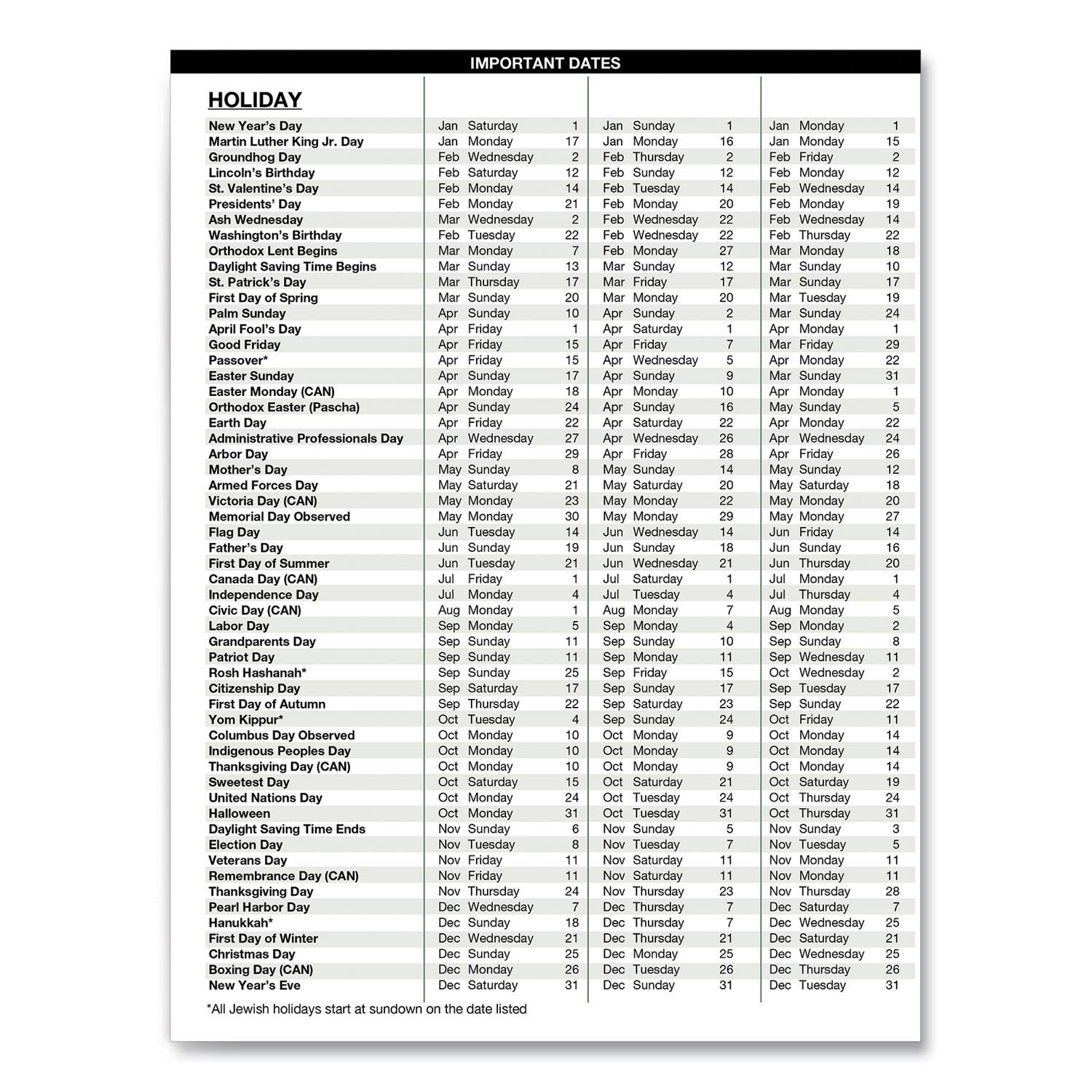 **IMPORTANT DATES**

**HOLIDAY**

- New Year's Day: Jan 1, Saturday
- Martin Luther King Jr. Day: Jan 17, Monday
- Groundhog Day: Feb 2, Wednesday
- Lincoln's Birthday: Feb 12, Sunday
- President's Day: Feb 20, Monday
- Valentine's Day: Feb 14, Saturday
- Ash Wednesday: Feb 22, Wednesday
- Washington's Birthday: Feb 20, Monday
- Orthodox Lent Begins: Feb 27, Monday
- Daylight Saving Time Begins: Mar 12, Sunday
- St. Patrick's Day: Mar 17, Thursday
- First Day of Spring: Mar 20, Sunday
- Palm Sunday: Apr 1, Sunday
- Good Friday: Apr 6, Friday
- Passover: Apr 10, Sunday
- Easter (CAN): Apr 15, Monday
- Orthodox Easter (Pascha): Apr 22, Sunday
- Earth Day: Apr 22, Friday
- Administrative Professionals Day: Apr 26, Monday
- Arbor Day: Apr 27, Friday
- Mother's Day: