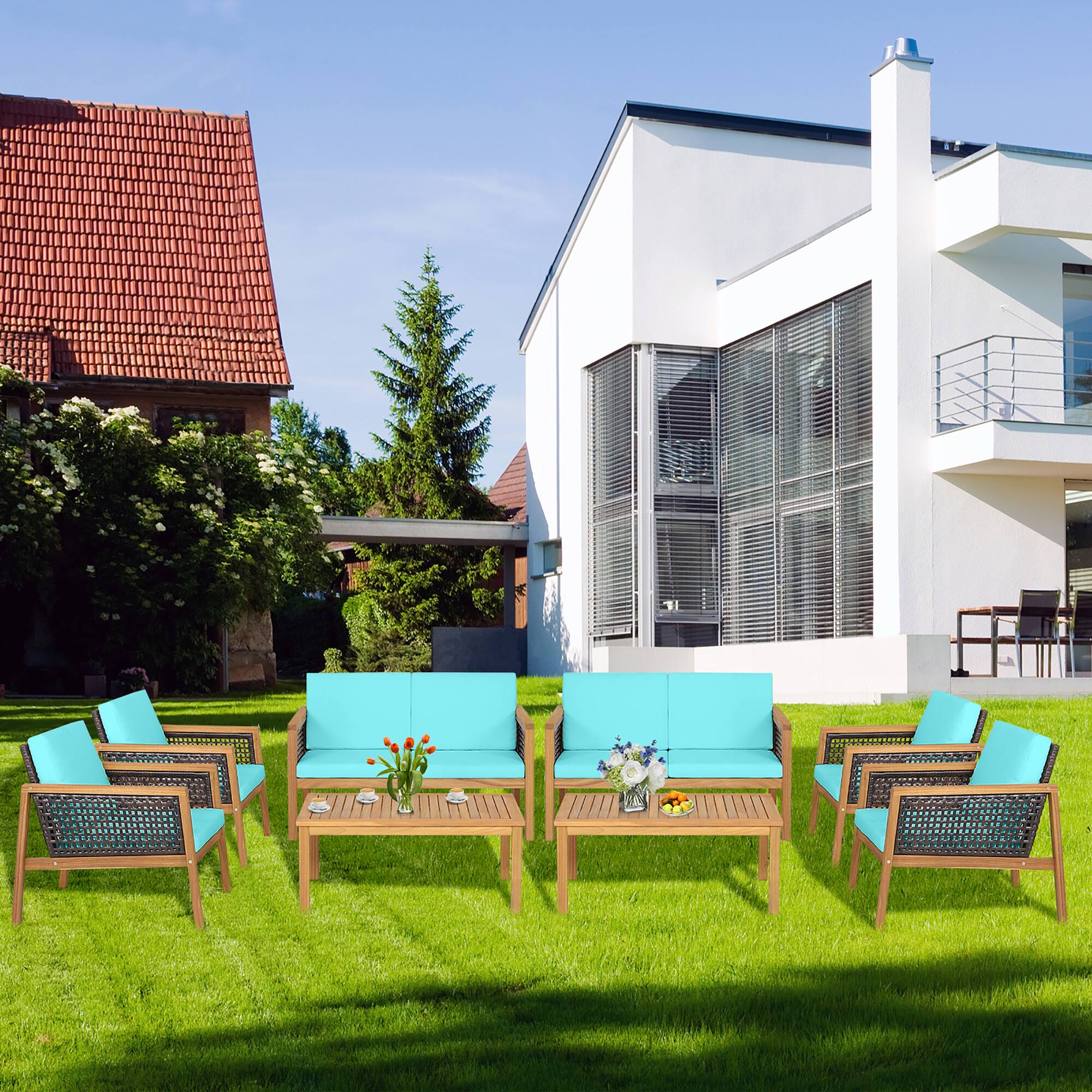 Alt View 1. Costway - Costway 8PCS Patio Rattan Furniture Set Acacia Wood Cushioned Sofa - Mix Brown,Turquoise.
