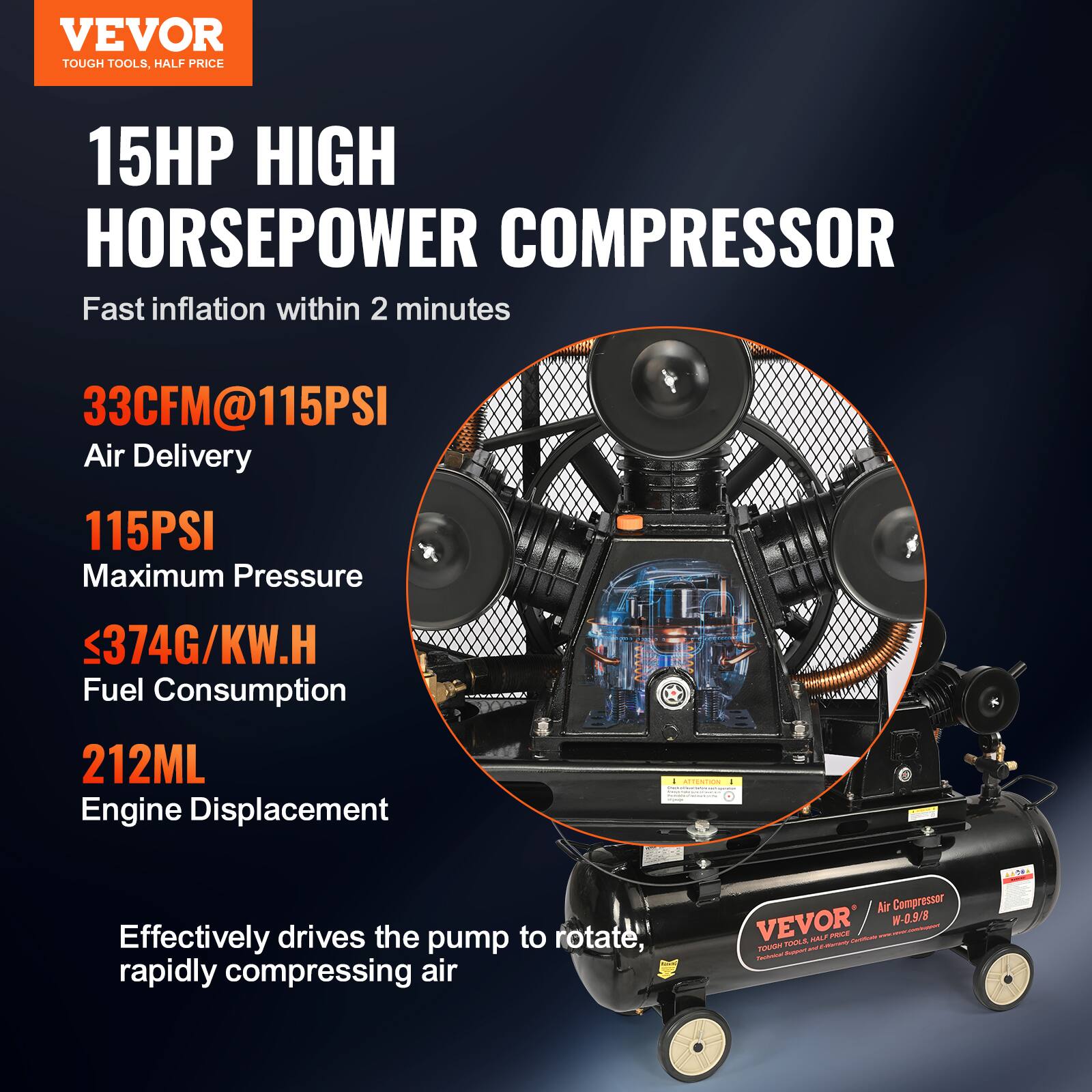 VEVOR TOUGH TOOLS, HALF PRICE

15HP HIGH HORSEPOWER COMPRESSOR

Fast inflation within 2 minutes

33CFM@115PSI Air Delivery

115PSI Maximum Pressure

≤374G/KW.H Fuel Consumption

212ML Engine Displacement

Effectively drives the pump to rotate, rapidly compressing air

VEVOR W-0.9/8