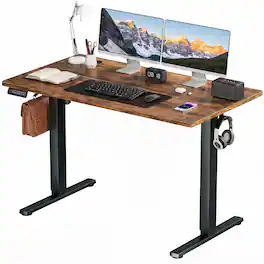 Bestier - Electric Standing Desk - Height Adjustable Office Desk with LED Display, Hooks & Wire Holes - Brown