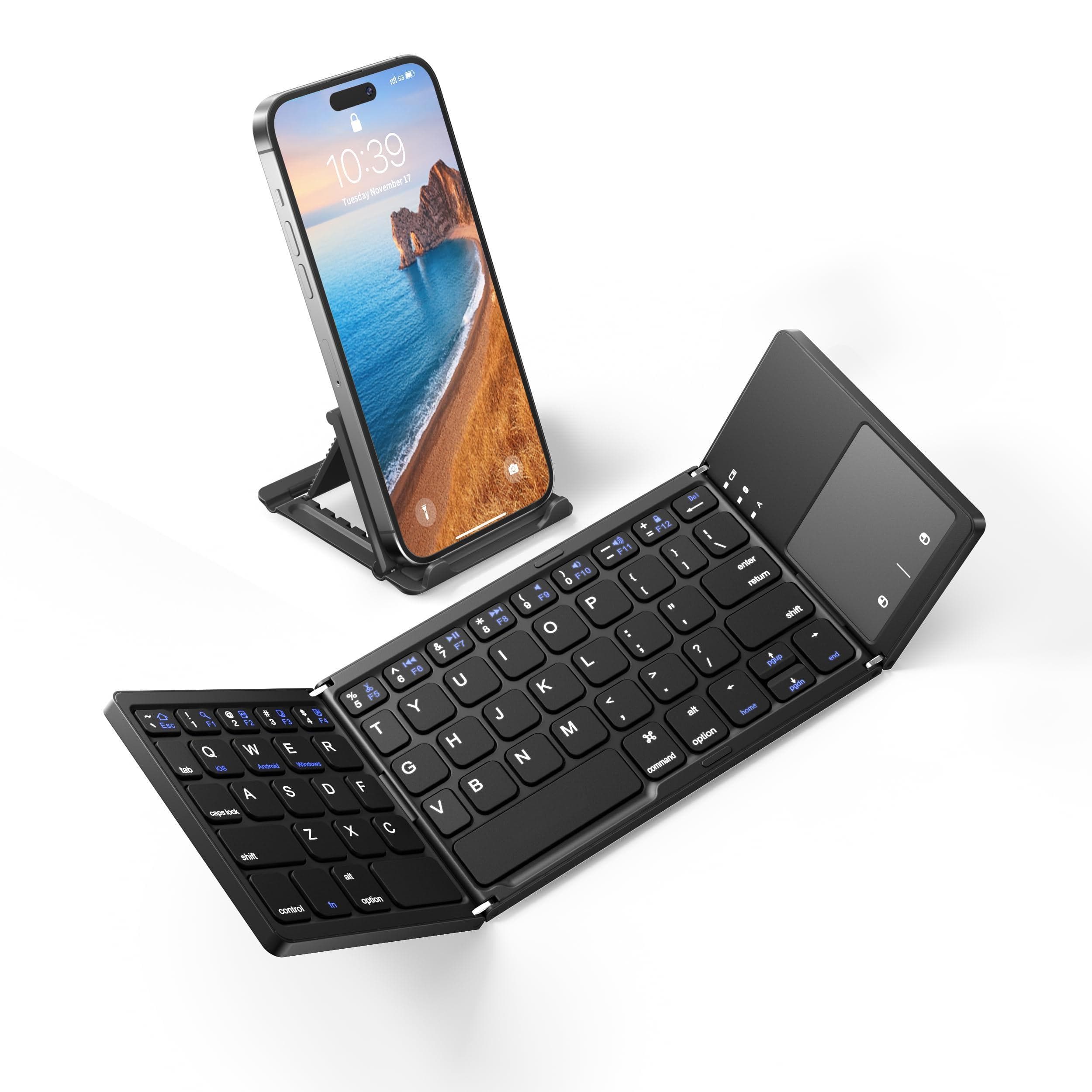 Cedar Assembly - Foldable With Touchpad - Portable Wireless Holder Rechargeable Full Size Ultra Slim Pocket Folding Keyboards - Black-BT x 1