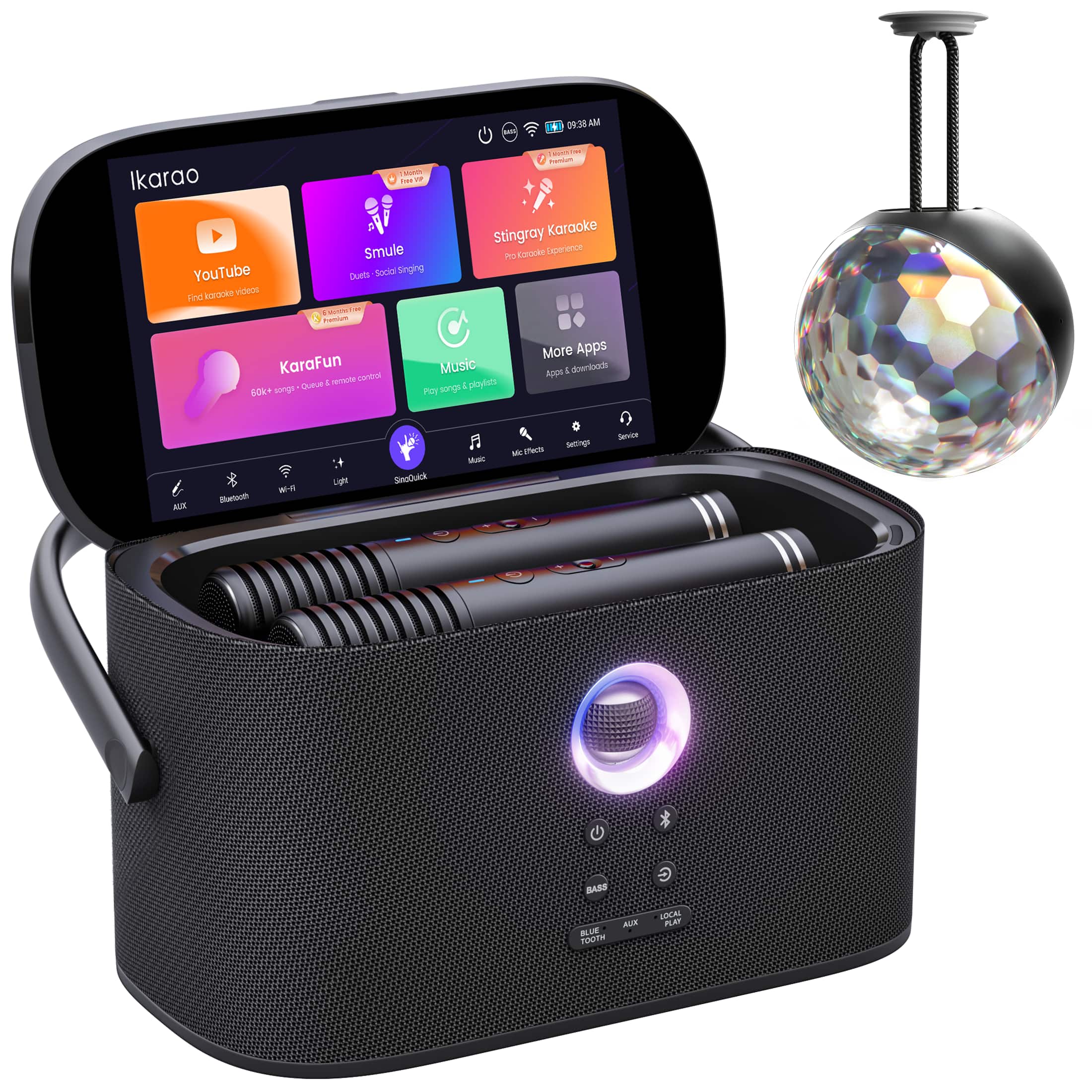Ikarao - Portable Karaoke Machine for Adults with Disco Ball Light, Built-in Lyrics Display, 2 Wireless Microphones, 140W Speaker - Black
