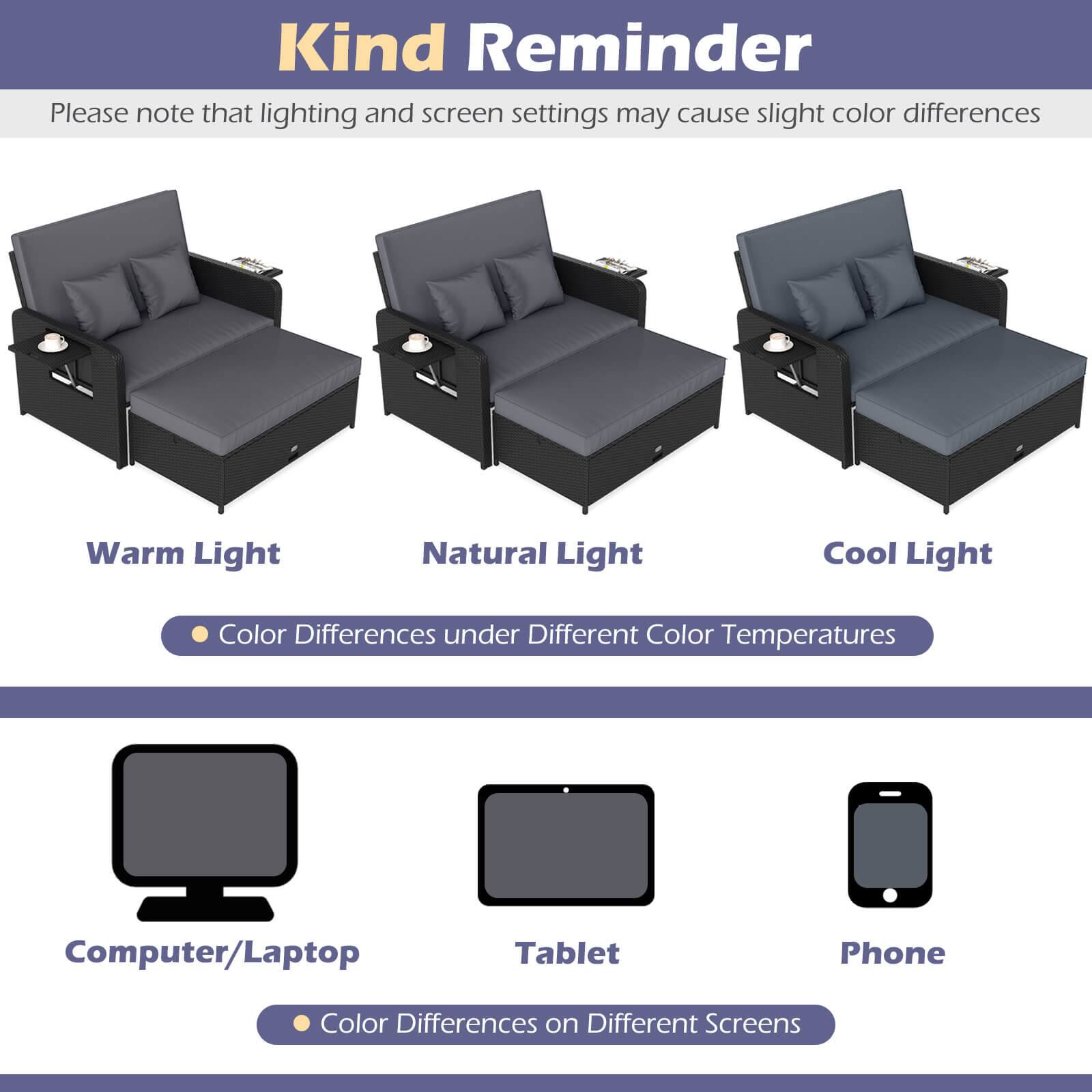 Kind Reminder

Please note that lighting and screen settings may cause slight color differences

Warm Light  
Natural Light  
Cool Light  
Color Differences under Different Color Temperatures

Computer/Laptop  
Tablet  
Phone  
Color Differences on Different Screens