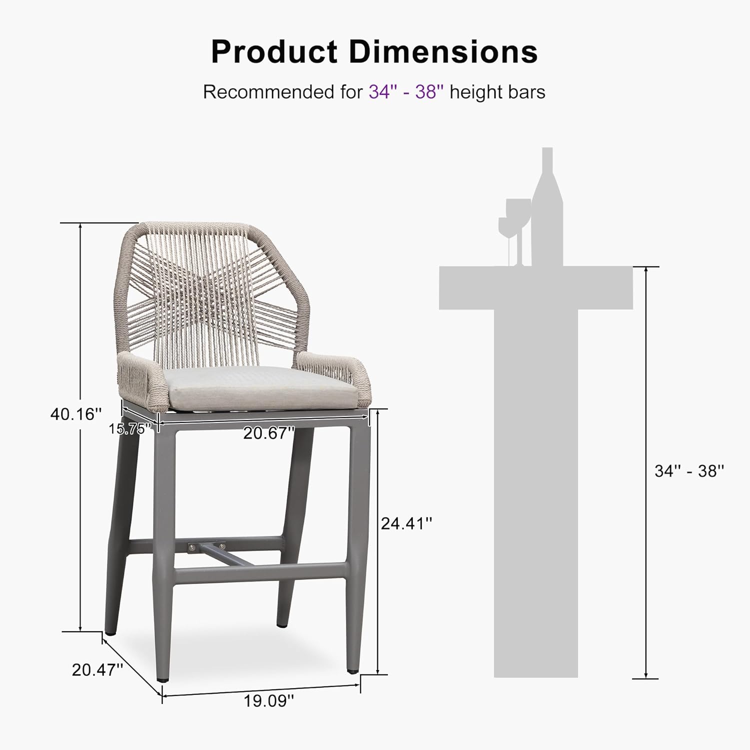Product Dimensions  
Recommended for 34" - 38" height bars  

40.16"  
15.75"  
20.67"  
24.41"  
20.47"  
19.09"