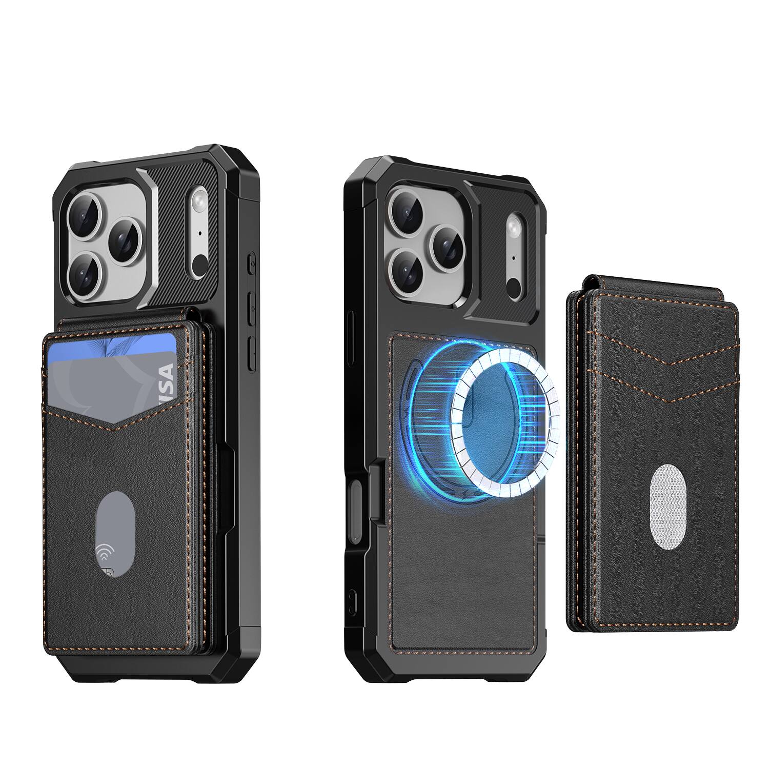 Angle. Dteck - For Apple iPhone 17 Pro 2-in-1 Magnetic Leather Flip Stand Wallet Case RFID Blocking Detachable Card Holder - Black.