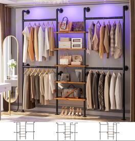 Aheaplus - 6.42FT Reversible Industrial Pipe Clothing Rack - Heavy Duty 5-Tier Corner Closet Organizer System with Shelves - Gray Oak