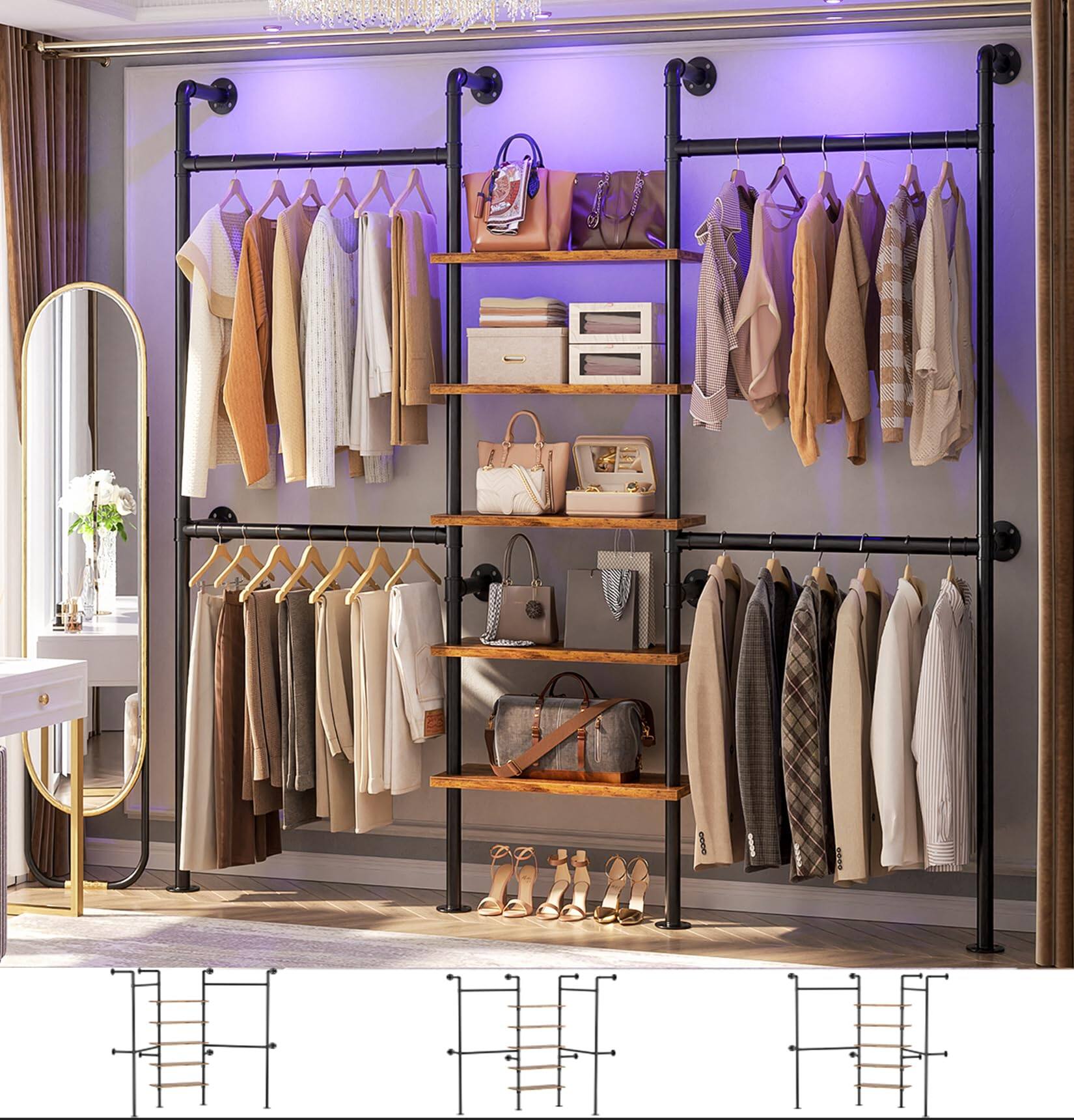 Front. Aheaplus - 6.42FT Reversible Industrial Pipe Clothing Rack - Heavy Duty 5-Tier Corner Closet Organizer System with Shelves - Gray Oak.