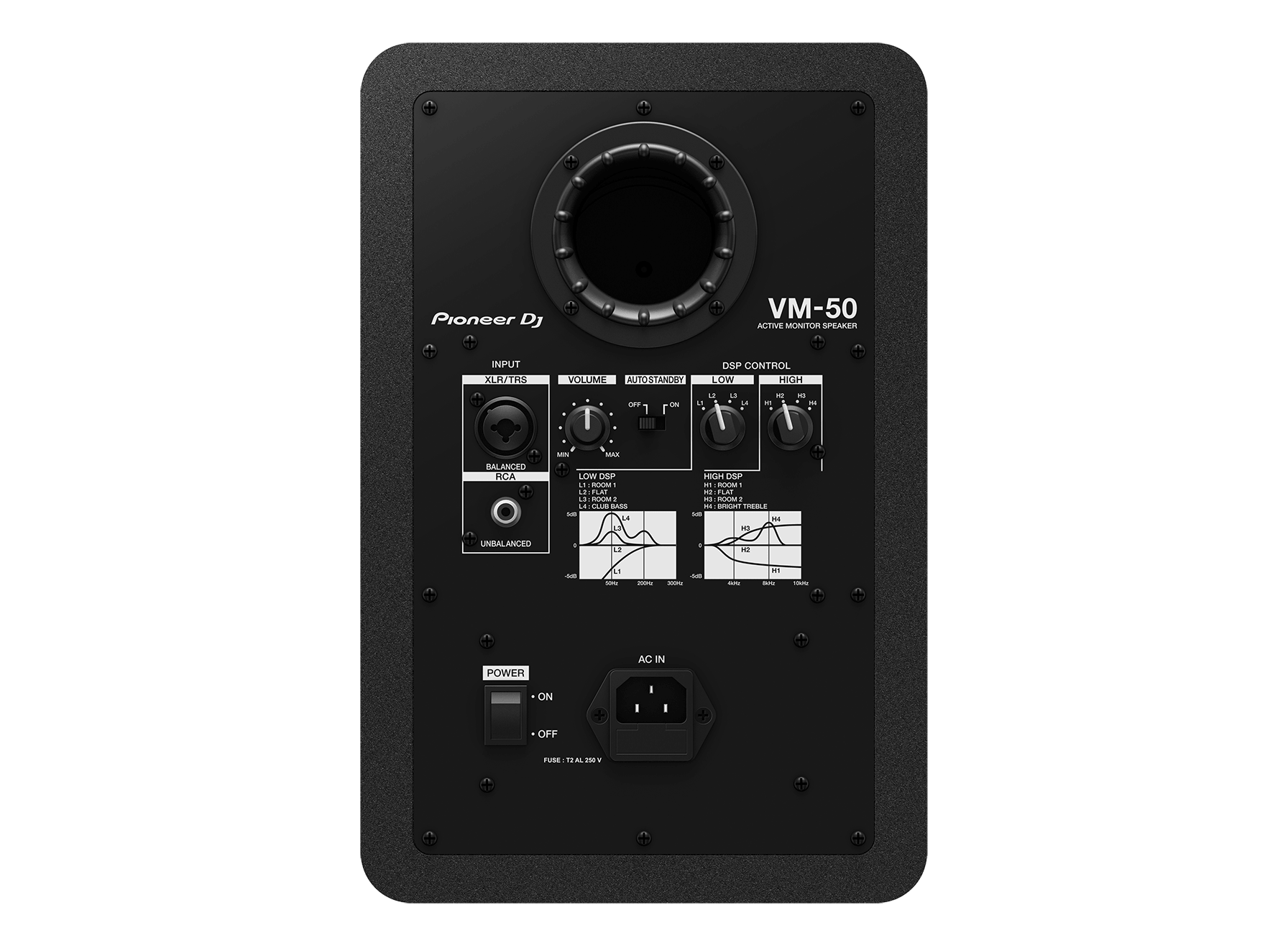 Pioneer DJ VM-50 ACTIVE MONITOR SPEAKER

INPUT
XLR/TRS
BALANCED

VOLUME
MAX

AUTOSTANDBY
OFF ON

DSP CONTROL
LOW HIGH

LOW DSP
L2 L3
L2 CLUB BASS

HIGH DSP
H2 H3
H2 FLAT
H3 BRIGHT TREBLE

RCA
UNBALANCED

POWER
ON OFF

AC IN

FUSE: T2A 250V