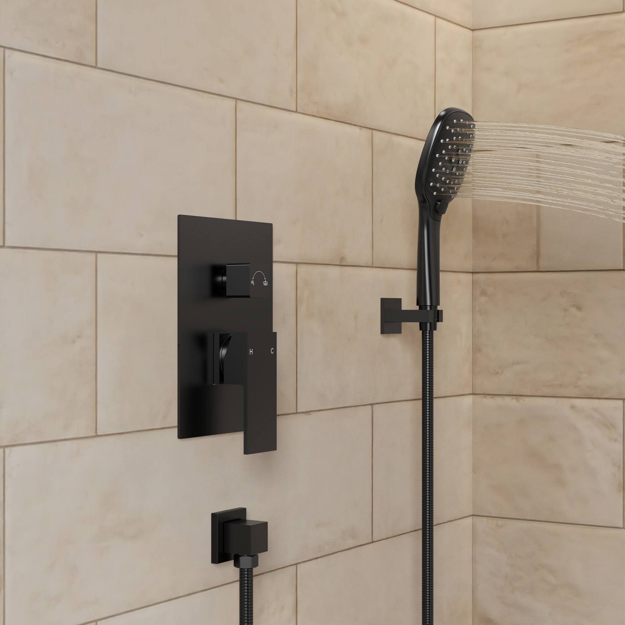 Back. GRANDJOY - Thermostatic Shower Faucet Set with 10" Rain Shower Head and Handheld Sprayer for Wall Mounted Installation - Matte Black.