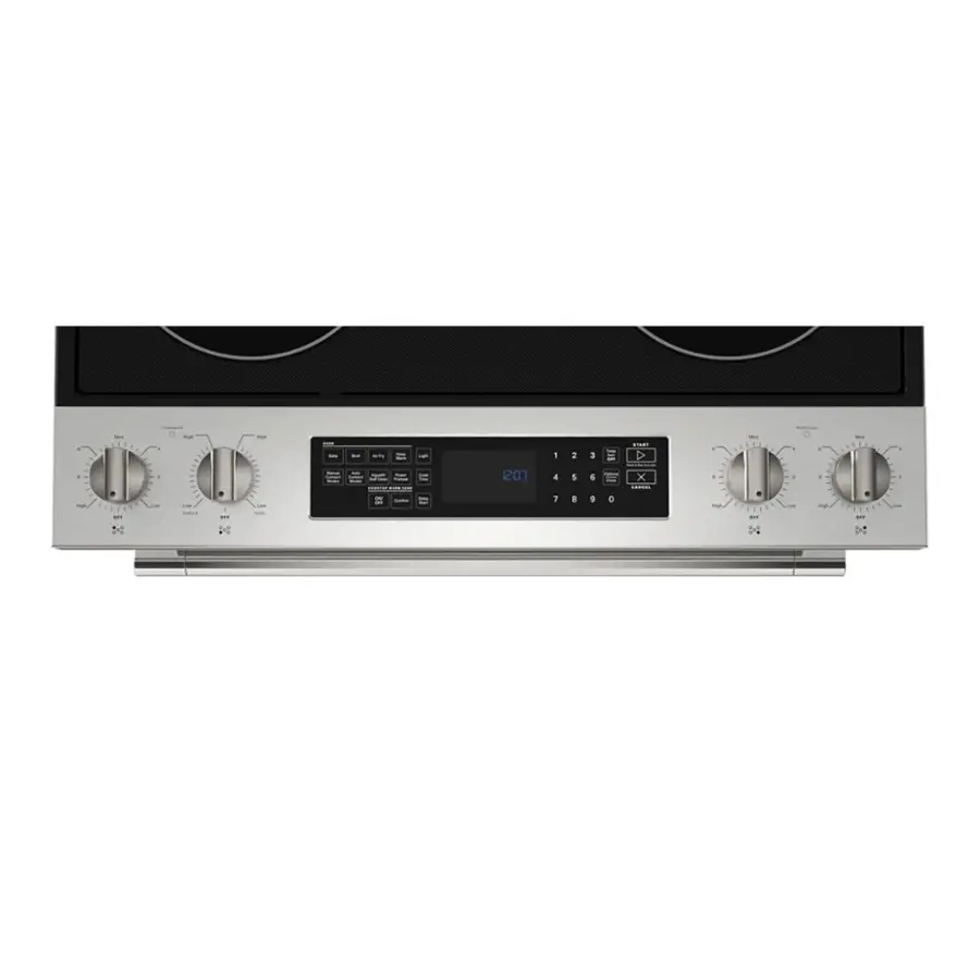 The image shows a stainless steel oven with a digital display and a control panel. The display shows the time and temperature, and the control panel has buttons for adjusting the settings. The oven is designed for use in a kitchen, providing a convenient and efficient way to cook food. The digital display and control panel make it easy to monitor and control the cooking process, ensuring that the food is cooked to the desired temperature and for the correct amount of time.