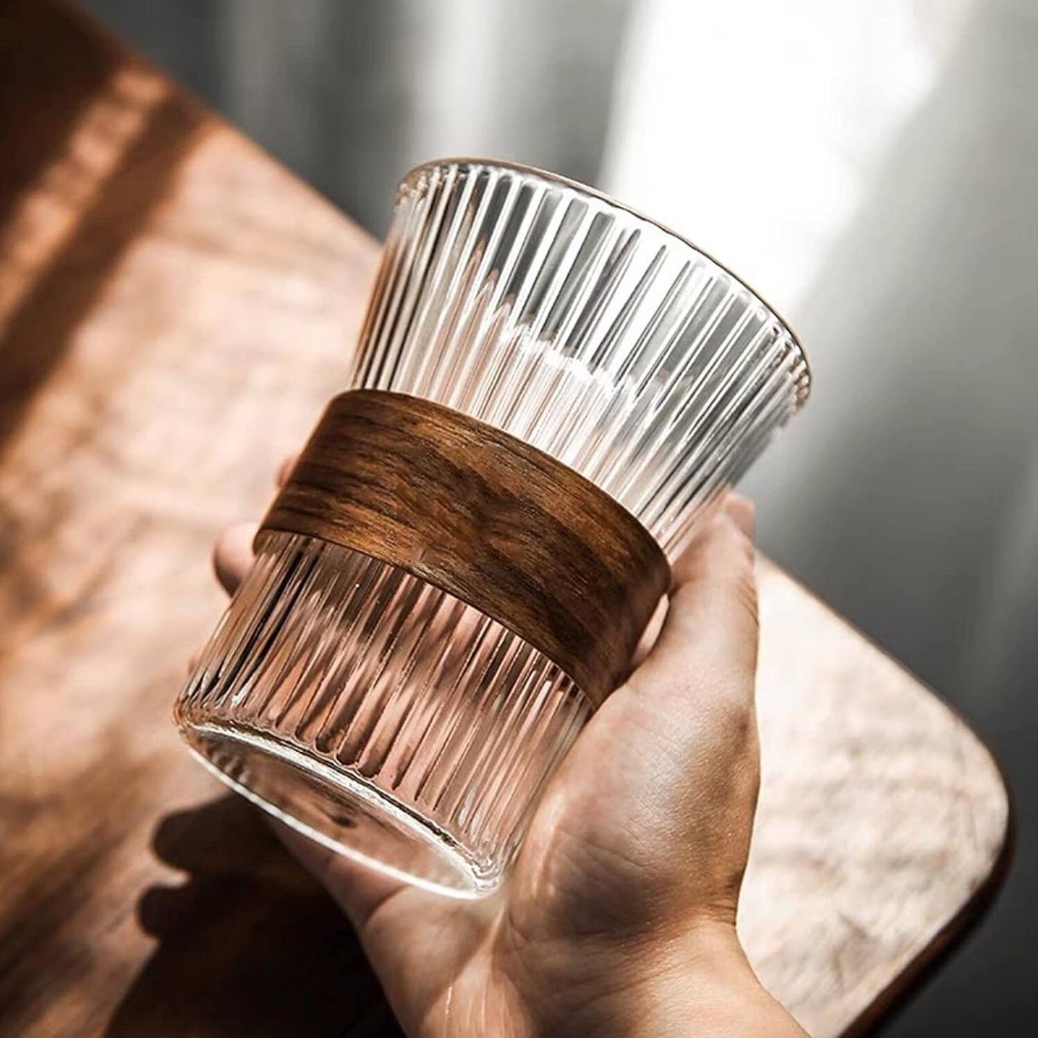 Back. Jay Import - Clear Set of 4 Old Fashion Glasses with Wood Band 9.47OZ. - Clear.