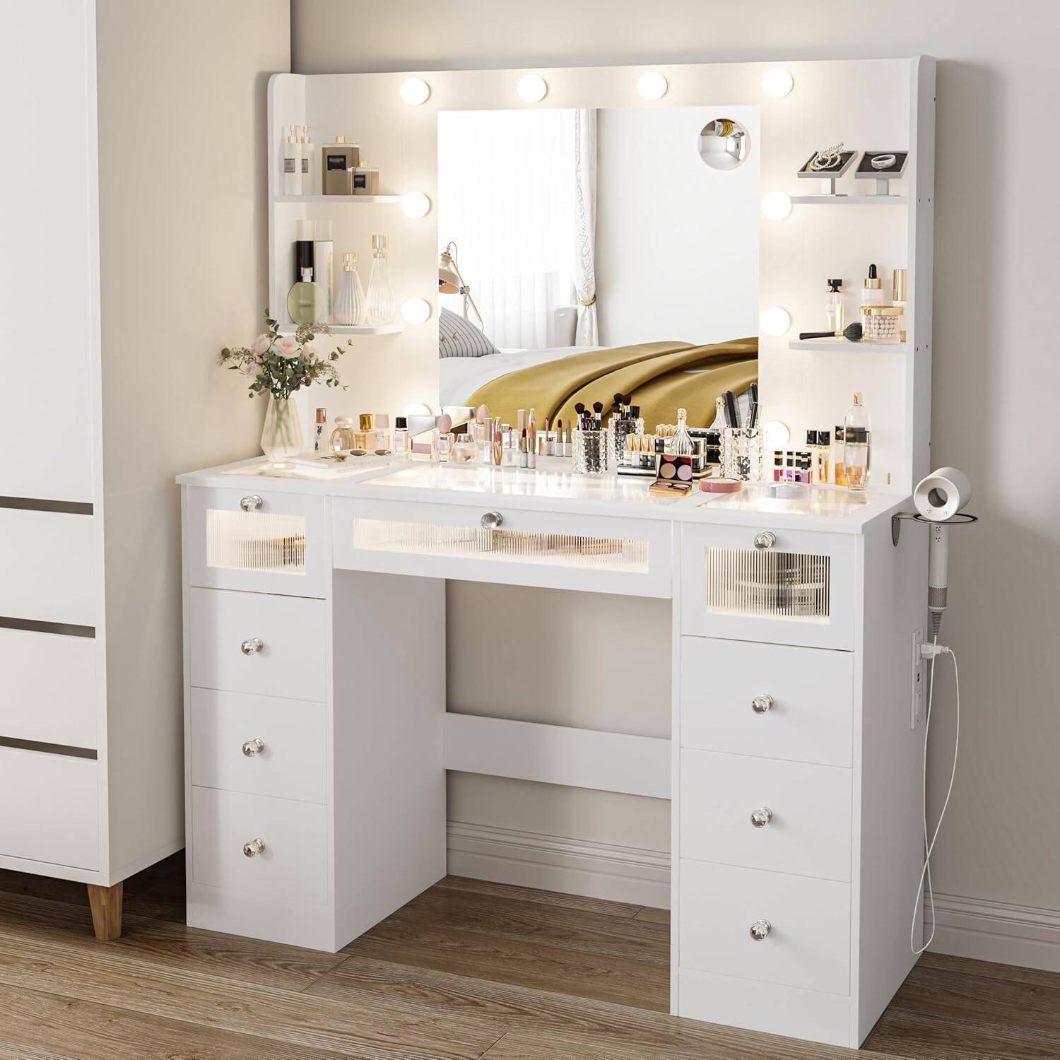 Alt View 4. DIYSET - DIYSET 9-Drawers Makeup Vanity with Lighted 22" Mirror, Glass Top Vanity Desk with 3 Color Bulbs, Charging Station - White.