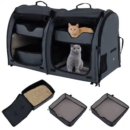 Front. Costway - Portable Pet Carrier Kennel Cat Dog Crate Twin Compartments w/ Mats Litter Box.