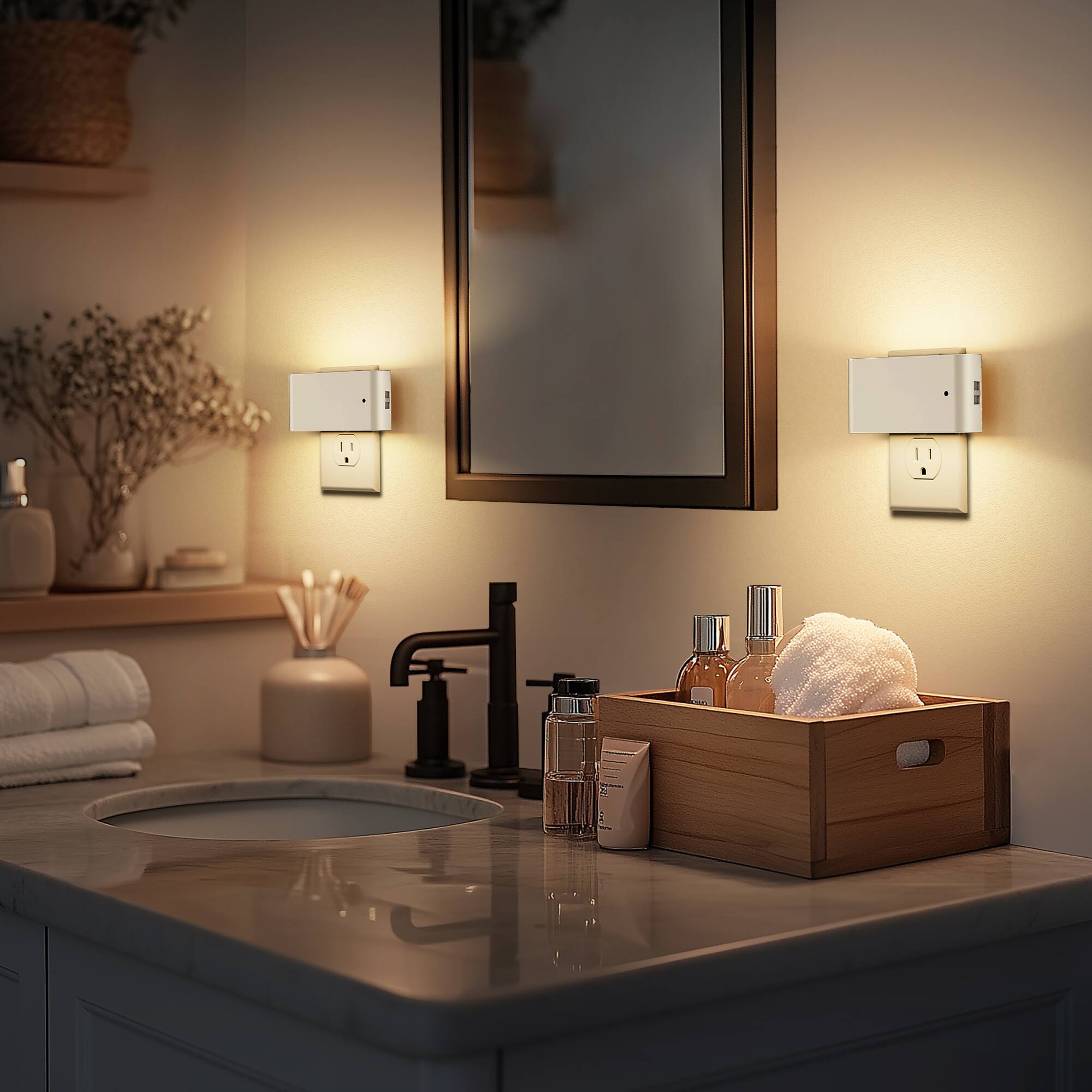 Left. Jandcase - JANDCASE 2-Pack 1W  Plug-in Night Light, 3000K Warm Glow, Horizontal Wall Sconce with Up/Down Light,Slide Dimmer - White.