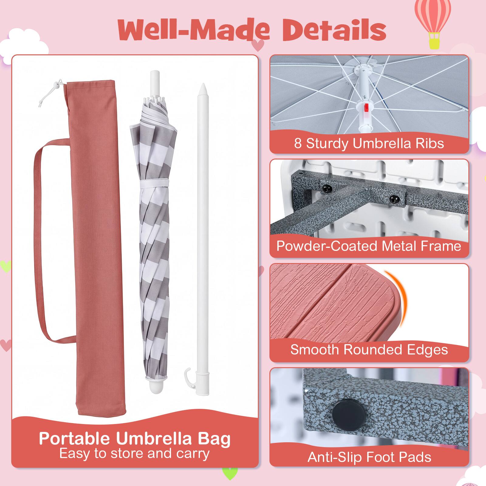 Well-Made Details

- 8 Sturdy Umbrella Ribs
- Powder-Coated Metal Frame
- Smooth Rounded Edges
- Anti-Slip Foot Pads

Portable Umbrella Bag
Easy to store and carry