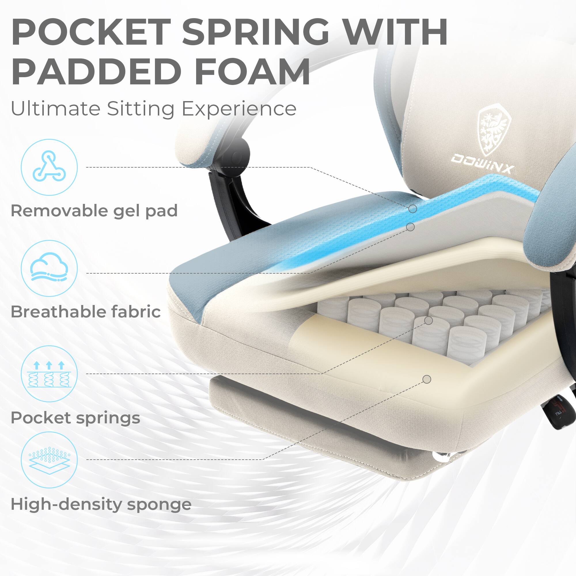 POCKET SPRING WITH PADDED FOAM  
Ultimate Sitting Experience  

- Removable gel pad  
- Breathable fabric  
- Pocket springs  
- High-density sponge