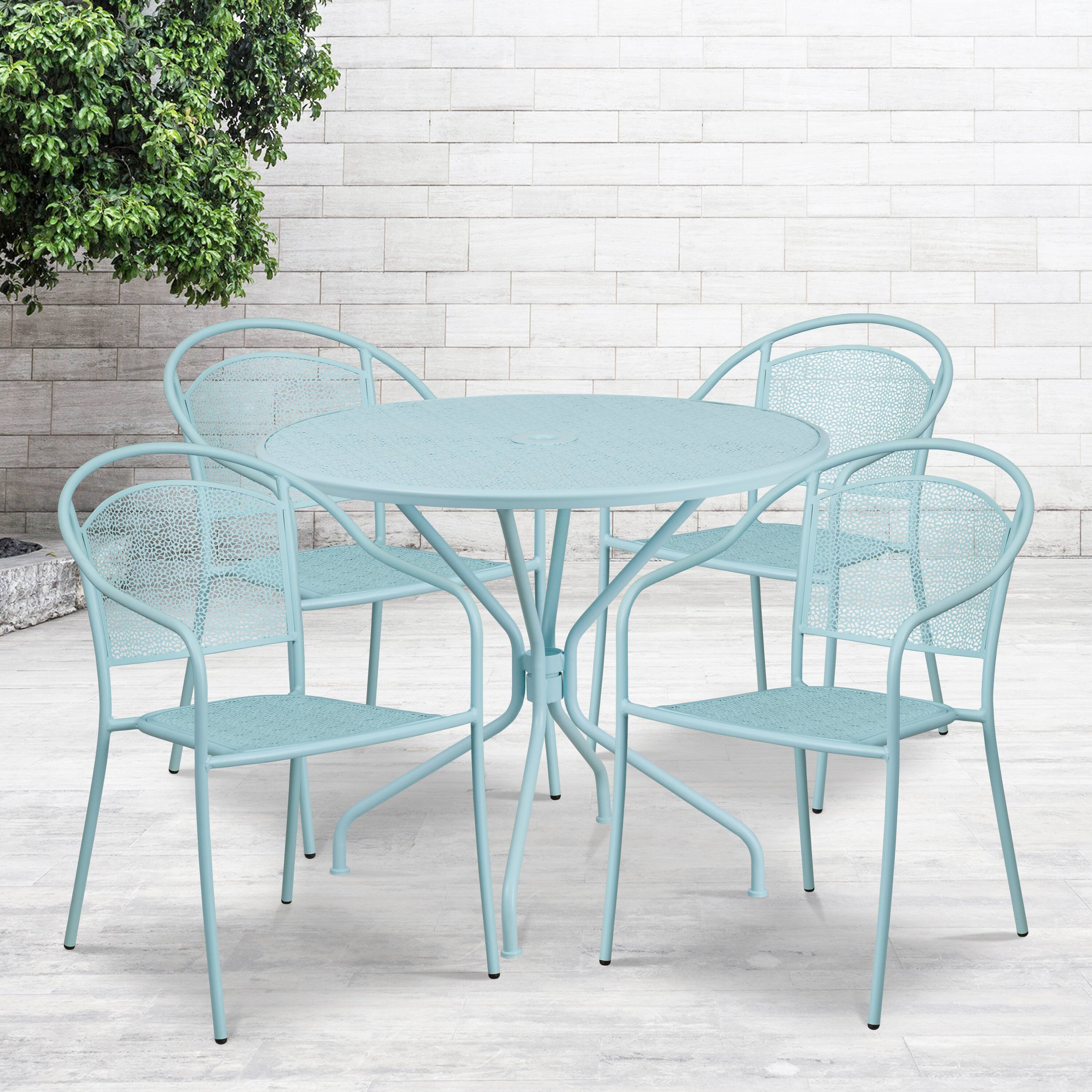 Alt View 1. Emma + Oliver - Commercial 35.25" Round Metal Garden Patio Table Set w/ 4 Round Back Chairs - Sky Blue.