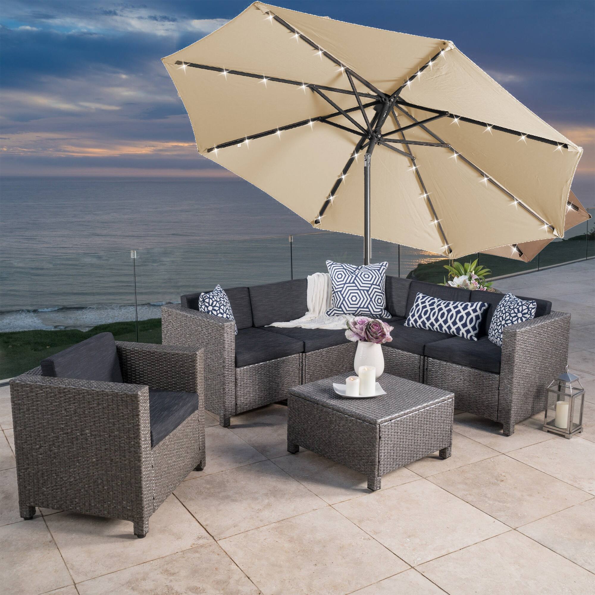Alt View 4. Mondawe - 9ft Patio Umbrella 32 Solar LED Light Market Umbrella with Tilt and Crank - Taupe.