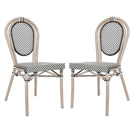 Emma + Oliver - 2 Pack Stacking Bistro Chair with Bamboo Print Metal Frame - Black & White/Light Natural Frame