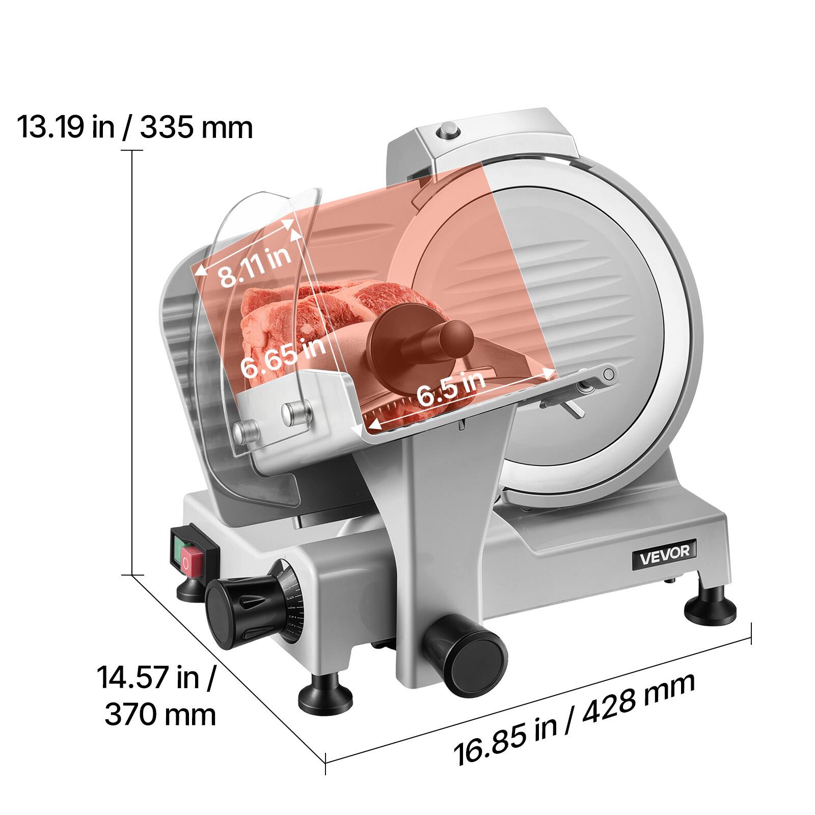 13.19 in / 335 mm  
8.11 in  
6.65 in  
6.5 in  
14.57 in / 370 mm  
16.85 in / 428 mm