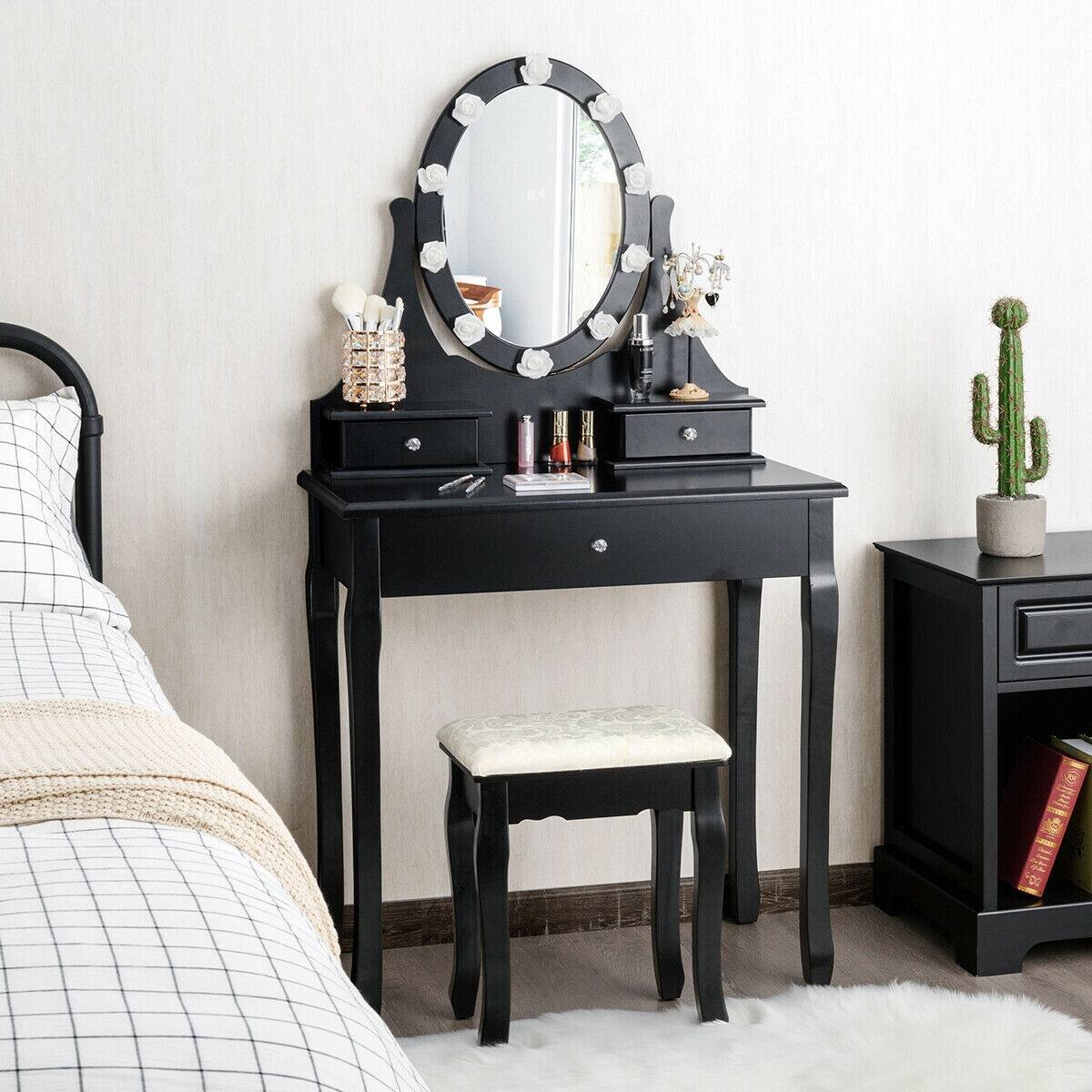 Alt View 9. Ecooso - 3-Drawer Lighted Vanity Desk with Wide Mirror and Sturdy Stool for Daily Makeup Routine - Black.