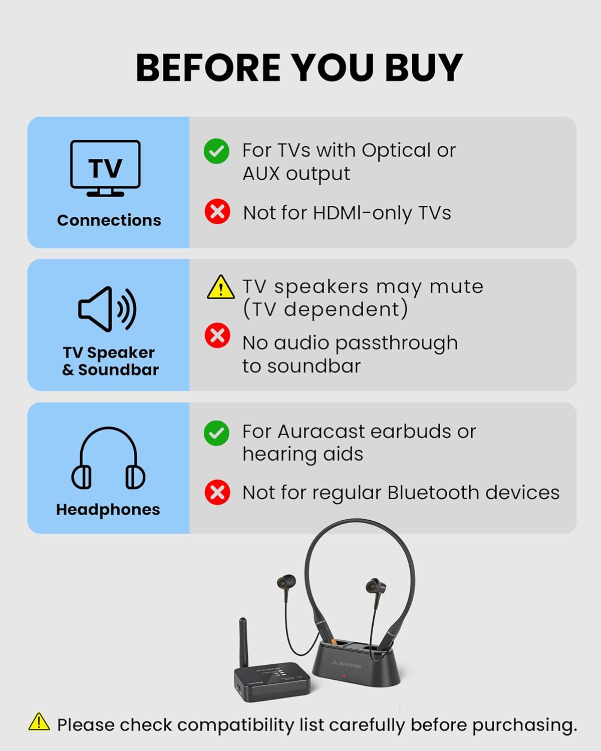 BEFORE YOU BUY

For TVs with Optical or AUX output
Not for HDMI-only TVs

TV Speaker & Soundbar
TV speakers may mute (TV dependent)
No audio passthrough to soundbar

Headphones
For Auracast earbuds or hearing aids
Not for regular Bluetooth devices

Please check compatibility list carefully before purchasing.