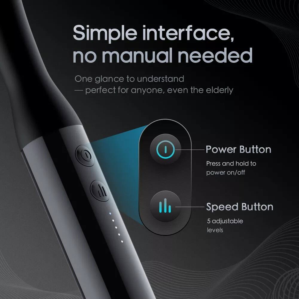Simple interface, no manual needed  
One glance to understand  
— perfect for anyone, even the elderly  

Power Button  
Press and hold to power on/off  

Speed Button  
5 adjustable levels