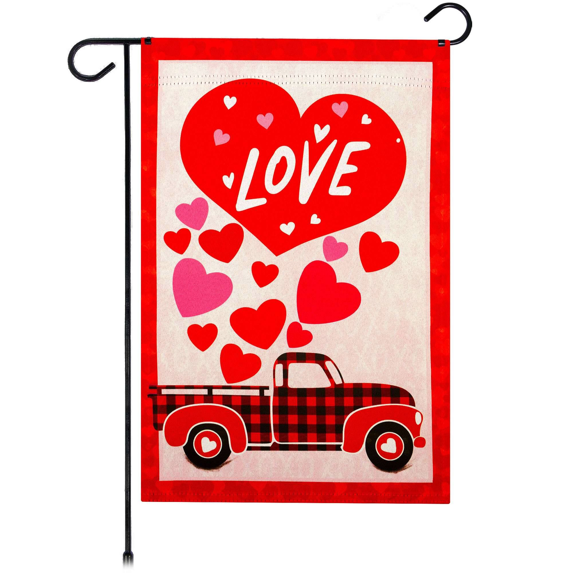 Front. G128 - Happy Valentine's Day Love Truck Garden Flag 12 x 18 in Double-Sided. - Red.