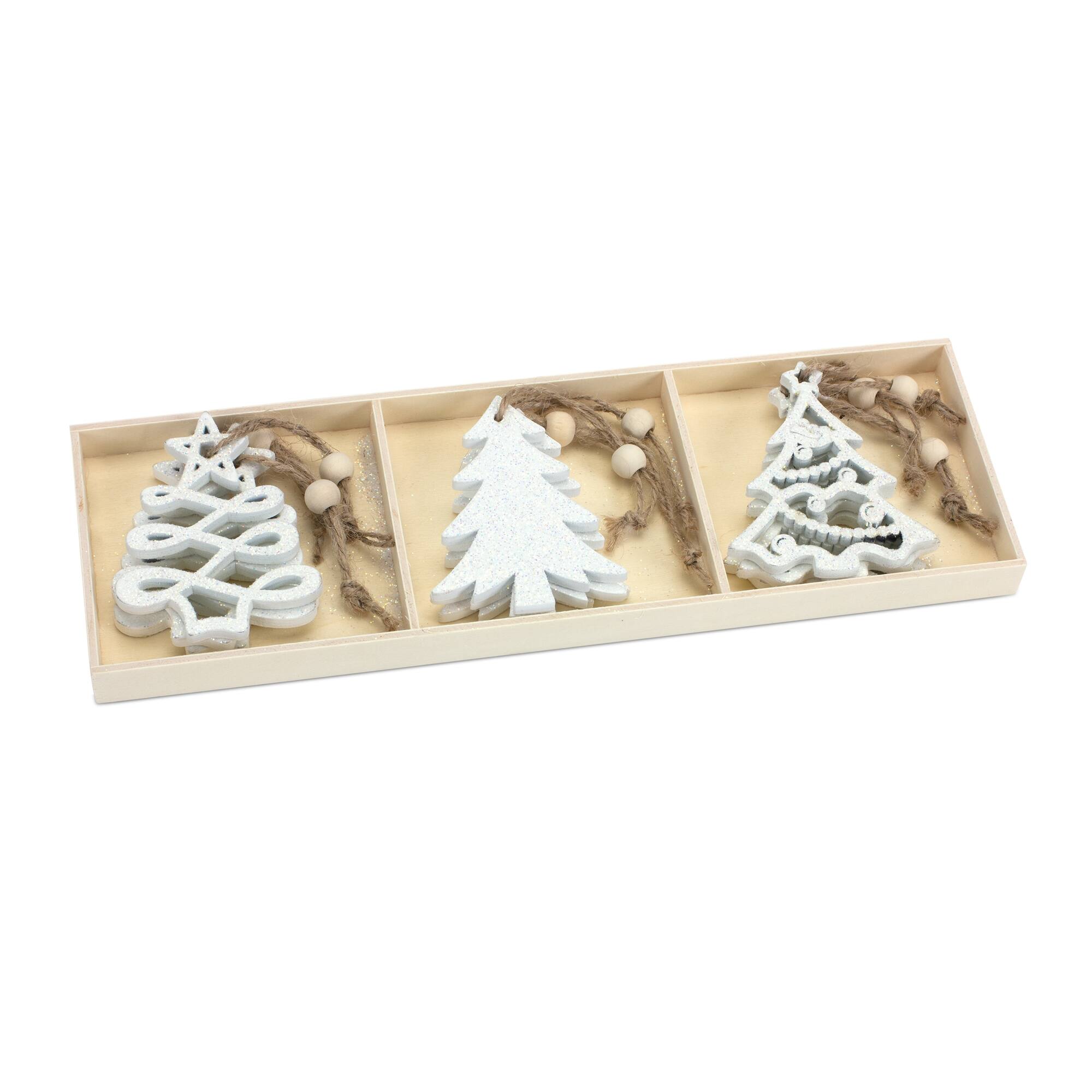 Back. BreeBe - Wood Tree Tag Ornament with Beaded Hanger (Set of 9) - White.