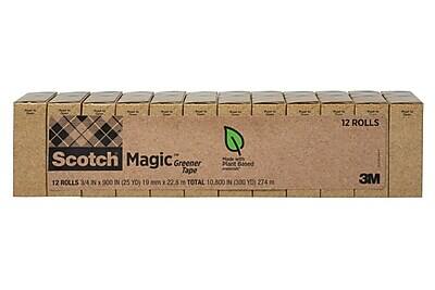 12 Rolls Scotch Magic Greener Tape  
Made with Plant Based  
12 Rolls 3/4" x 900" (25 YD) 19 mm x 22.8 m  
Total 10,800" (300 YD) 274 m  
3M