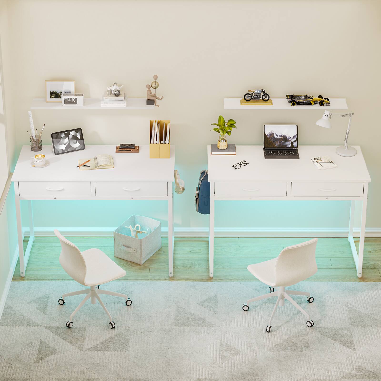 Back. Pinmoco - Pinmoco 32"/42" Small Computer Desk with RGB LED Lights & 2 Fabric Drawers, Modern Dorm Study Desk for Small Spaces - 42" White.
