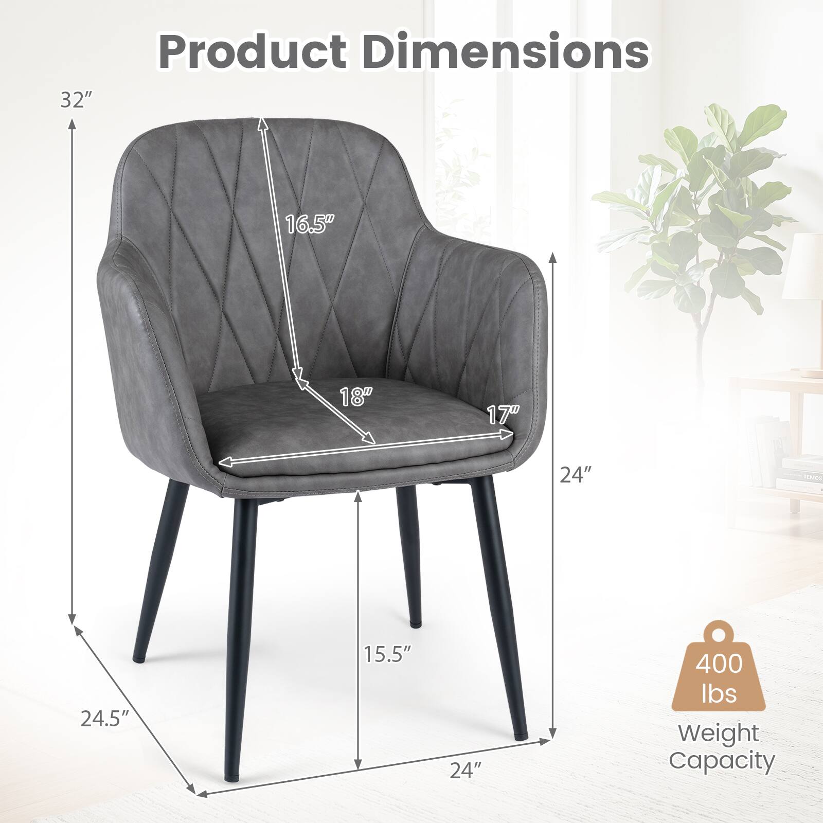 32" Product Dimensions: 16.5" x 18" x 17" x 24" x 24.5" x 15.5" x 24"  
400 lbs Weight Capacity