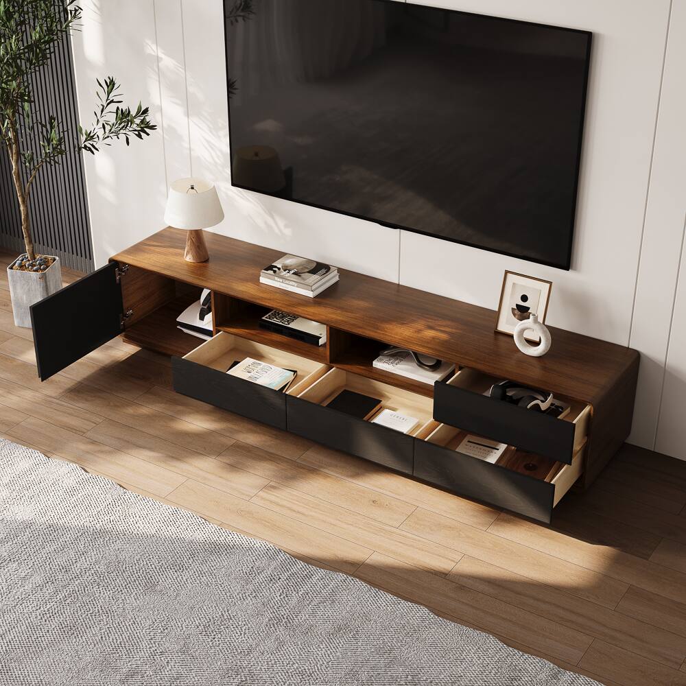 Left. POVISON - 78" Fully-assembled Modern Wood Black TV Stand, Lowline Media Console with 4 Drawers, Open Storage Cabinet - Dark Wood & Black.