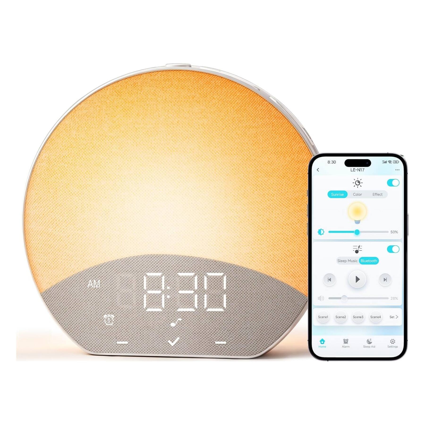 8:30

LE-N17

Sunrise
Color
Effect
50%
AM PERE 0
Sleep Music Bluetooth A H 28% Scenel Scene2 Scene5 Scene4
-
Home
Alarm
Sleep Aid
Settings