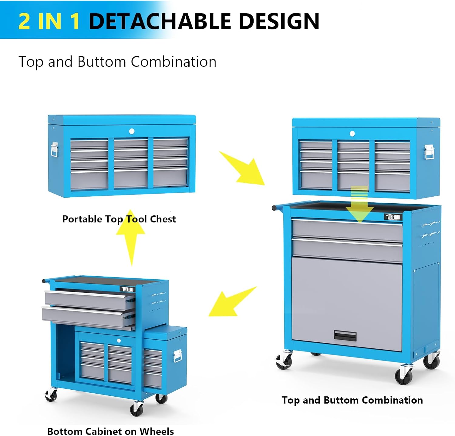 2 IN 1 DETACHABLE DESIGN

Top and Bottom Combination

Portable Top Tool Chest

Bottom Cabinet on Wheels

Top and Bottom Combination