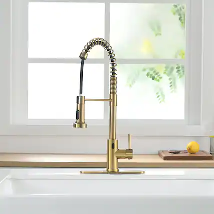 Front. Boyel Living - Brushed Gold 2 Spray Patterns Single Handle Touchless Pull Down Kitchen Faucet with Deckplate Included - Brushed Gold.