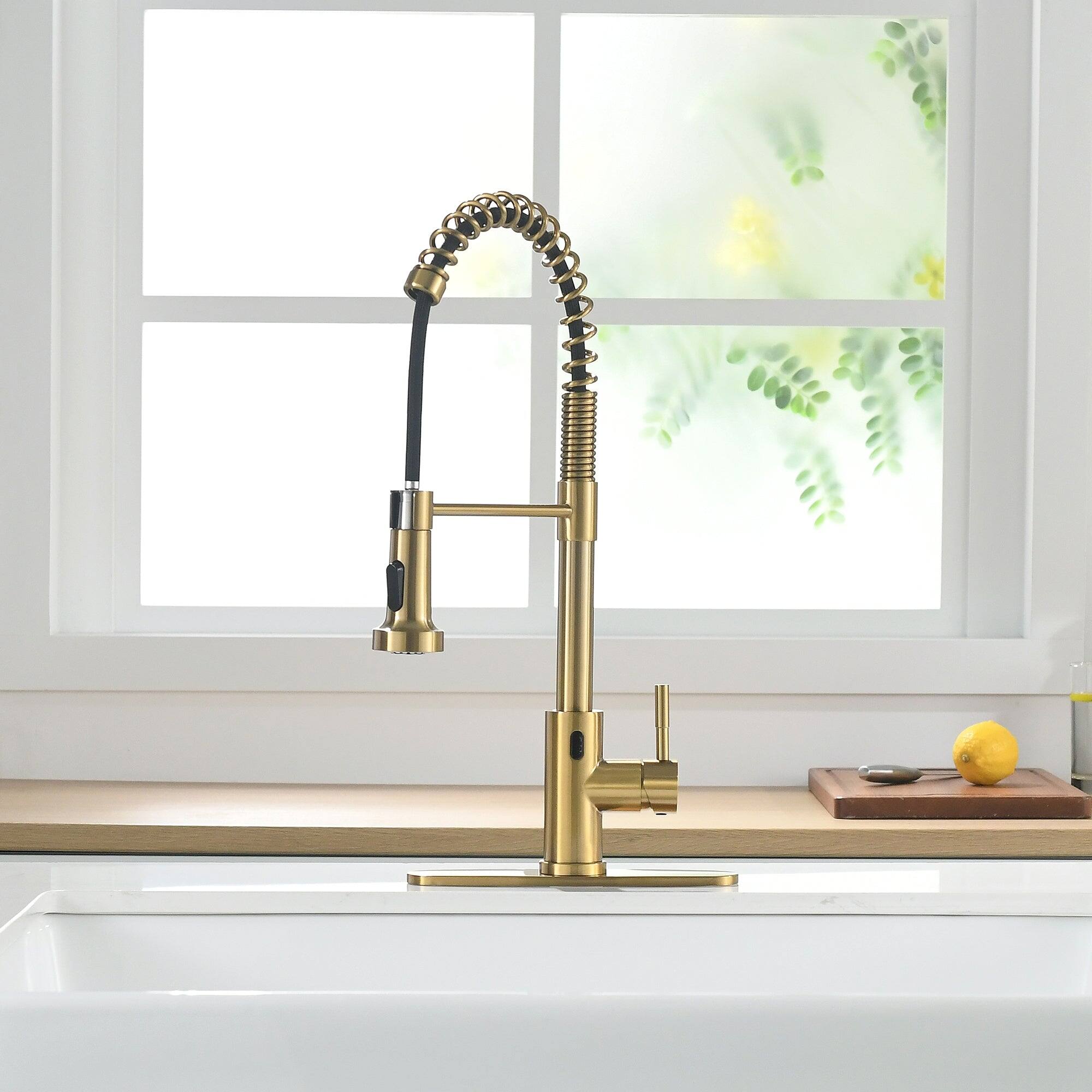 Front. Boyel Living - Brushed Gold 2 Spray Patterns Single Handle Touchless Pull Down Kitchen Faucet with Deckplate Included - Brushed Gold.