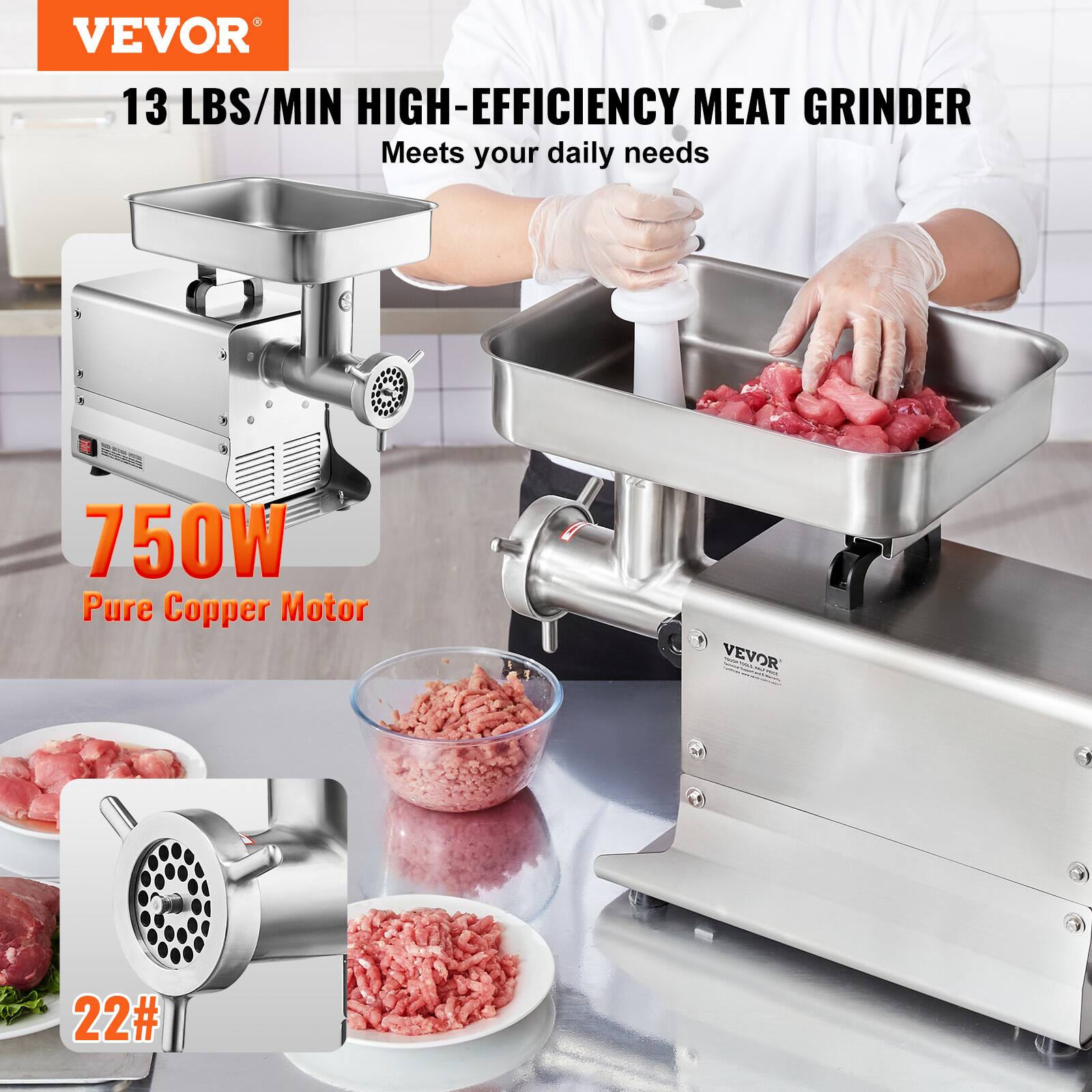 VEVOR 13 LBS/MIN HIGH-EFFICIENCY MEAT GRINDER Meets your daily needs 750W Pure Copper Motor VEVOR 22#