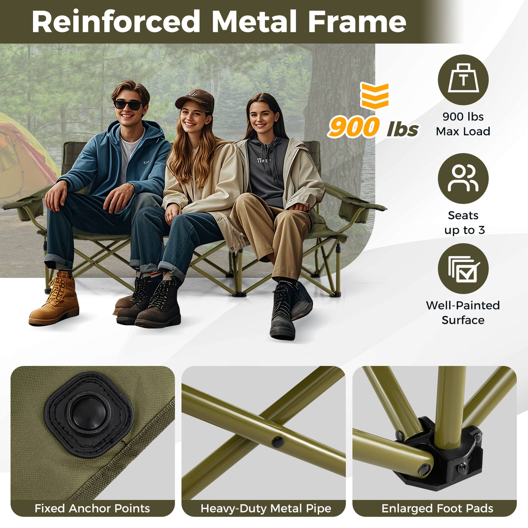 Reinforced Metal Frame, 900 lbs Max Load, Seats up to 3, Well-Painted Surface, Fixed Anchor Points, Heavy-Duty Metal Pipe, Enlarged Foot Pads