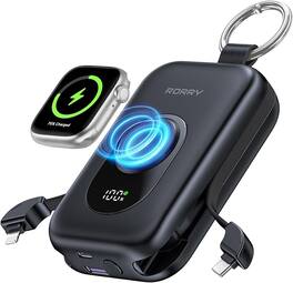 RORRY - CharmGo 20000mAh Portable Charger, 30W Power Bank, Built-in Cables, LCD, Keychain, for iPhone & Apple Watch - Black