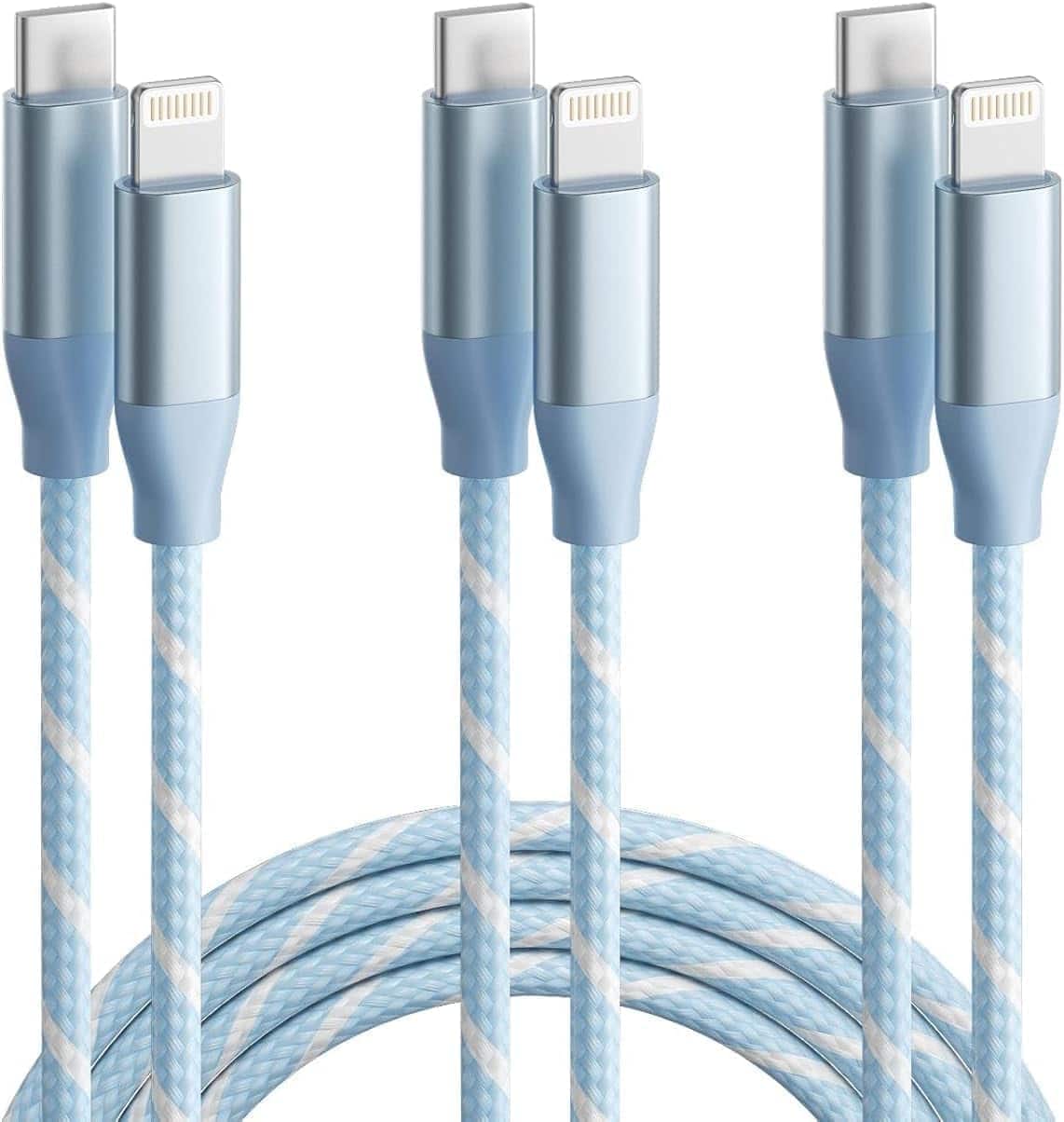 Core Tech - USB-C to Lightning Braided Fast Charging Cable 3-Pack - Blue and White
