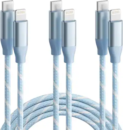 Front. Core Tech - USB-C to Lightning Braided Fast Charging Cable 3-Pack - Blue and White.