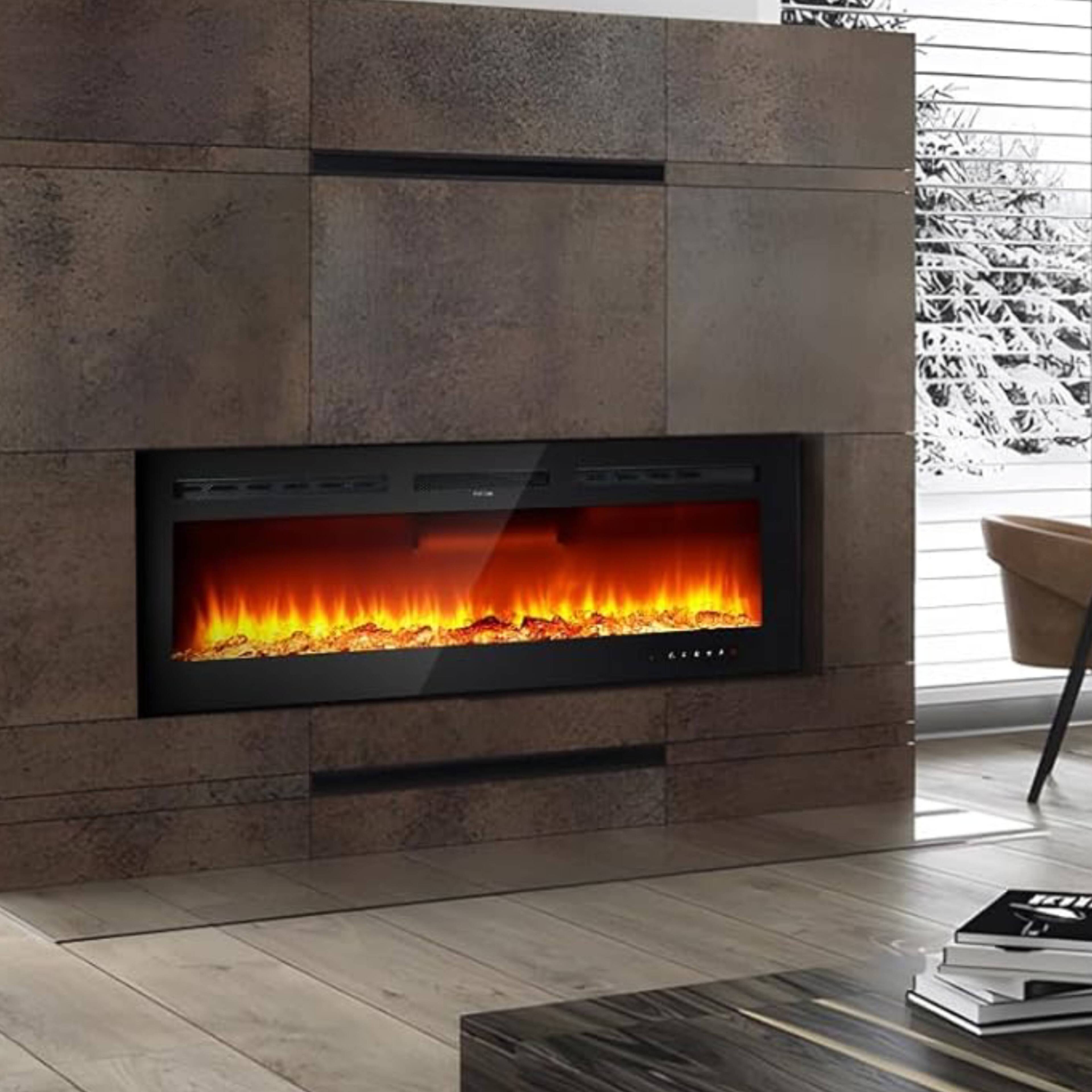 Acekool - 60" Recessed Wall Mounted Electric Fireplace Heater with Remote for Bedroom Living Room - Black